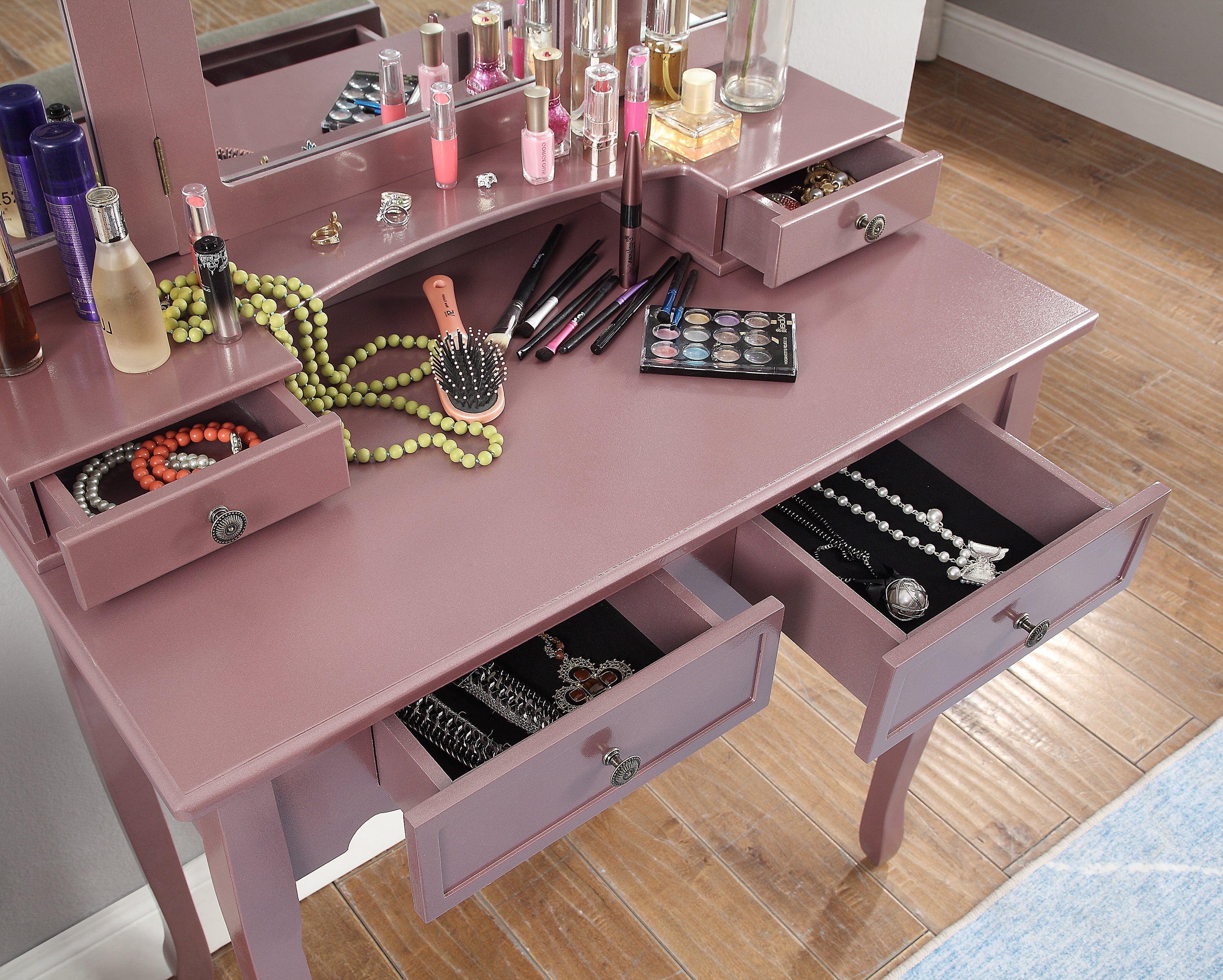 Roundhill Furniture Sanlo Wooden Vanity Makeup Table with Stool Set - Rose Gold Finish, Elegant Dressing Table for Bedroom, Perfect for Makeup & Jewelry Organization