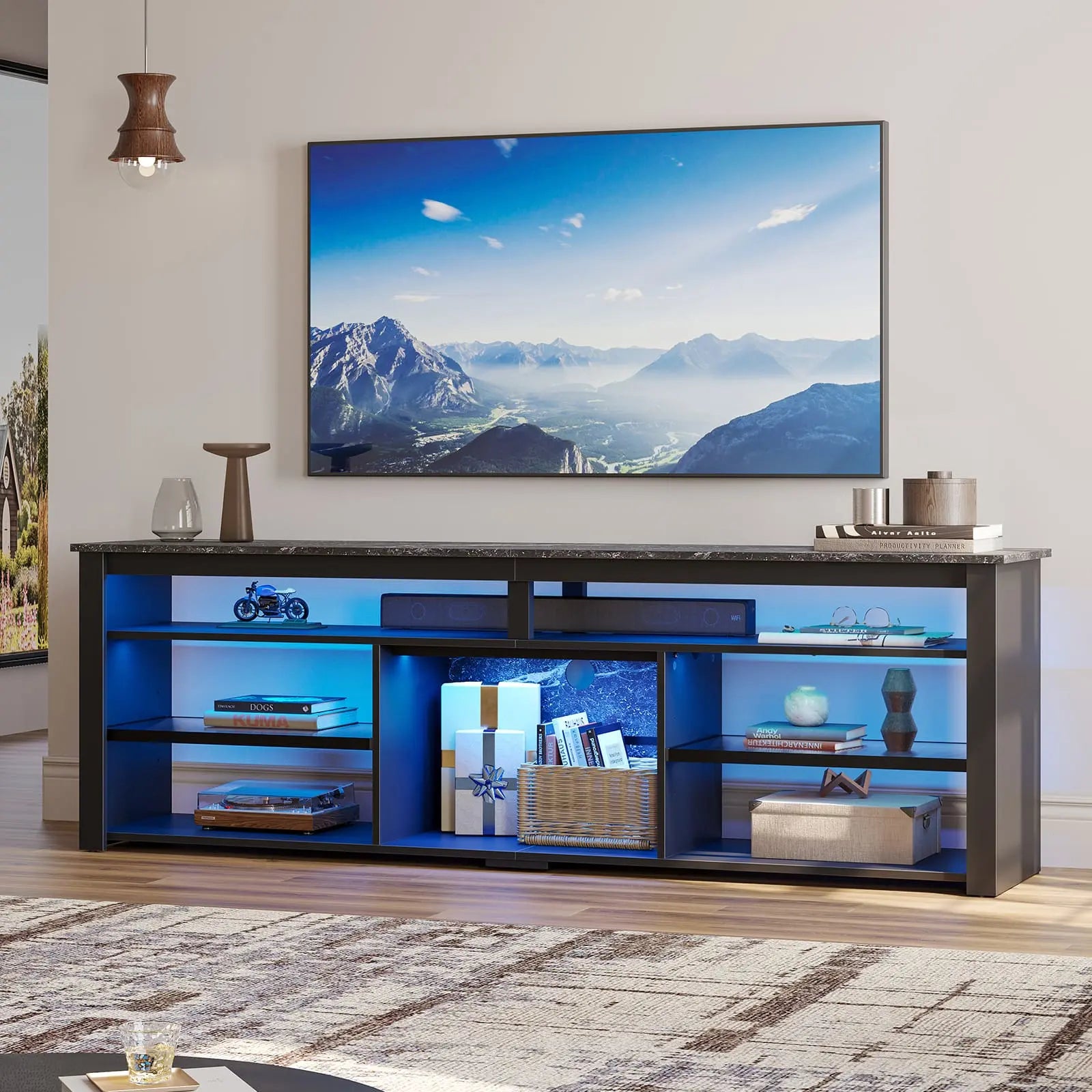 Bestier Tall LED TV Stand for 70/75/80 Inch TVs - Modern Entertainment Center with Storage Shelves - Perfect for Living Room, Bedroom & Home Theater Setup