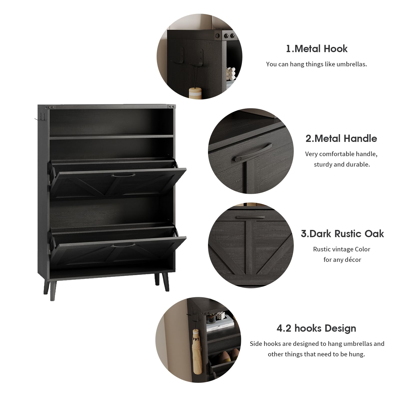 2-Tier Flip-Door Shoe Storage Cabinet - Freestanding Entryway Organizer with Open Shelves & Farmhouse Style Legs - Space-Saving Narrow Shoe Rack for Hallway, Closet or Bedroom (Black)