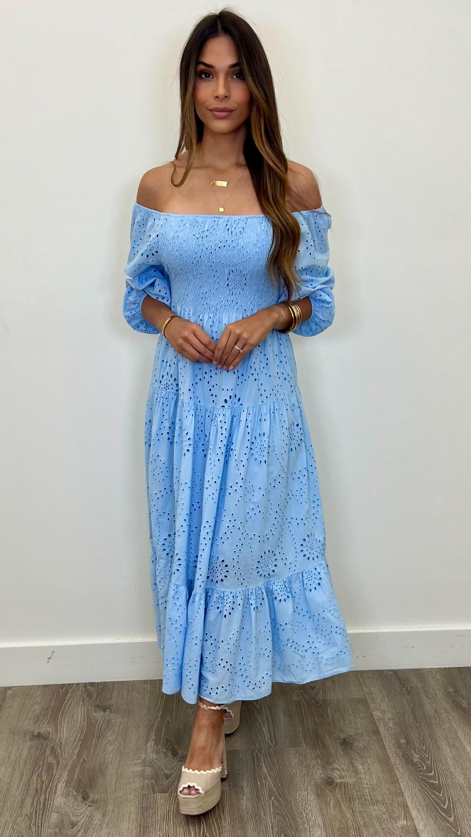 Isabella Floral Eyelet Maxi Dress - Women's Summer Boho Beach Dress for Vacation, Wedding & Outdoor Parties