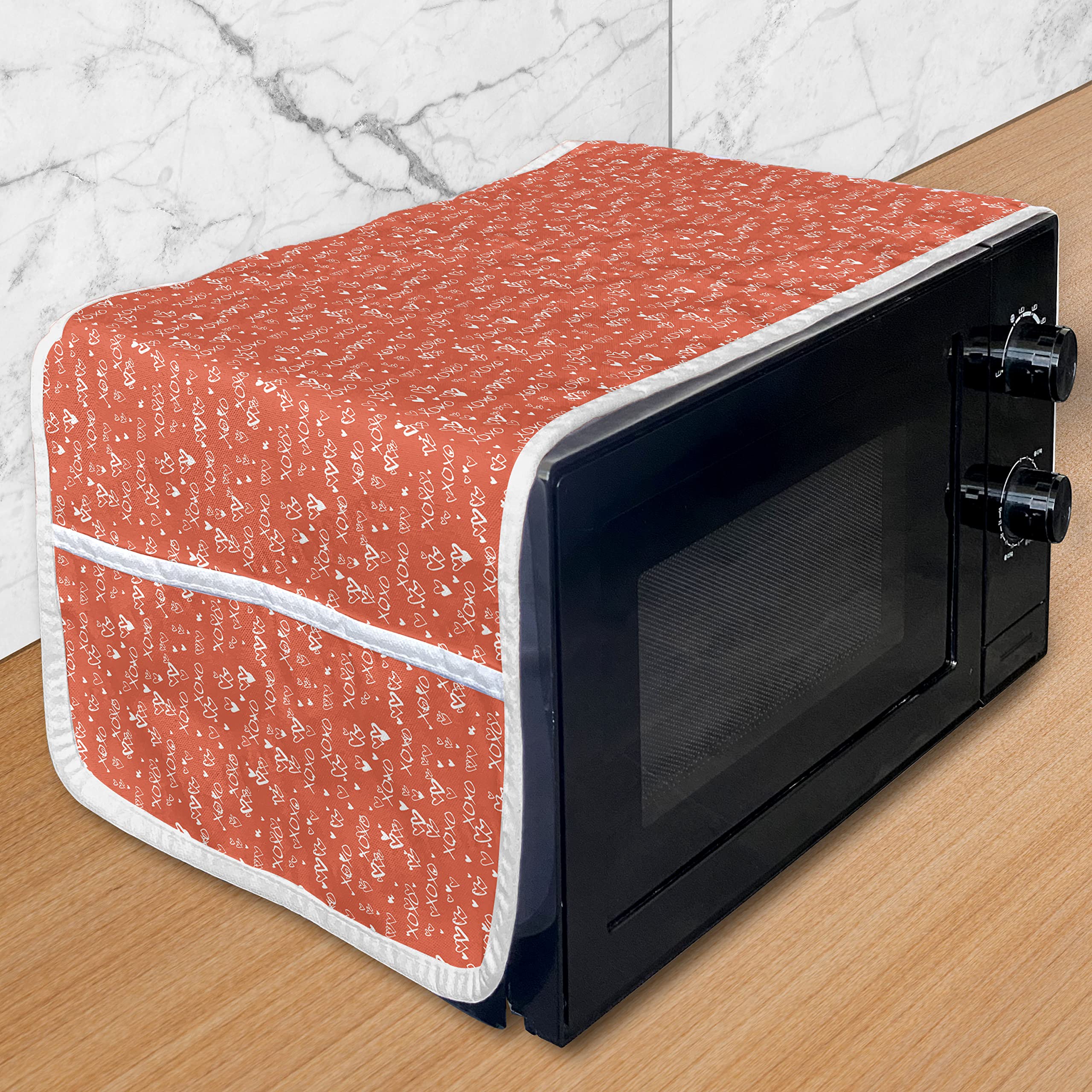Ambesonne XOXO Microwave Cover - Waterproof Kitchen Organizer with Pockets, 36x12 Inches, Salmon & White - Grungy Hand-Painted Hearts & Romantic Love Kisses Design - Perfect for Microwave Protection & Kitchen Decor