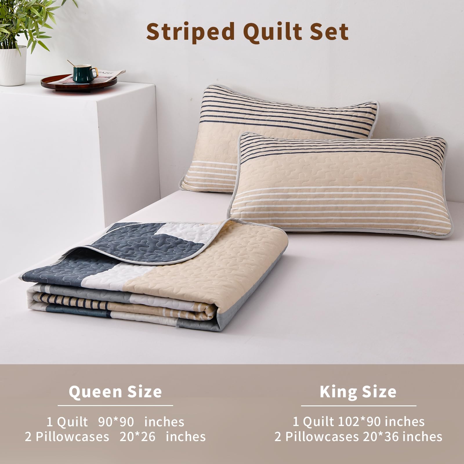 Beige Boho Quilt Queen Size Set - 3 Piece Reversible Microfarmhouse Bedspread with 2 Pillowcases | Khaki Striped Design for All Seasons | Perfect for Farmhouse, Bohemian & Fall Bedroom Decor (Gray Quilt)