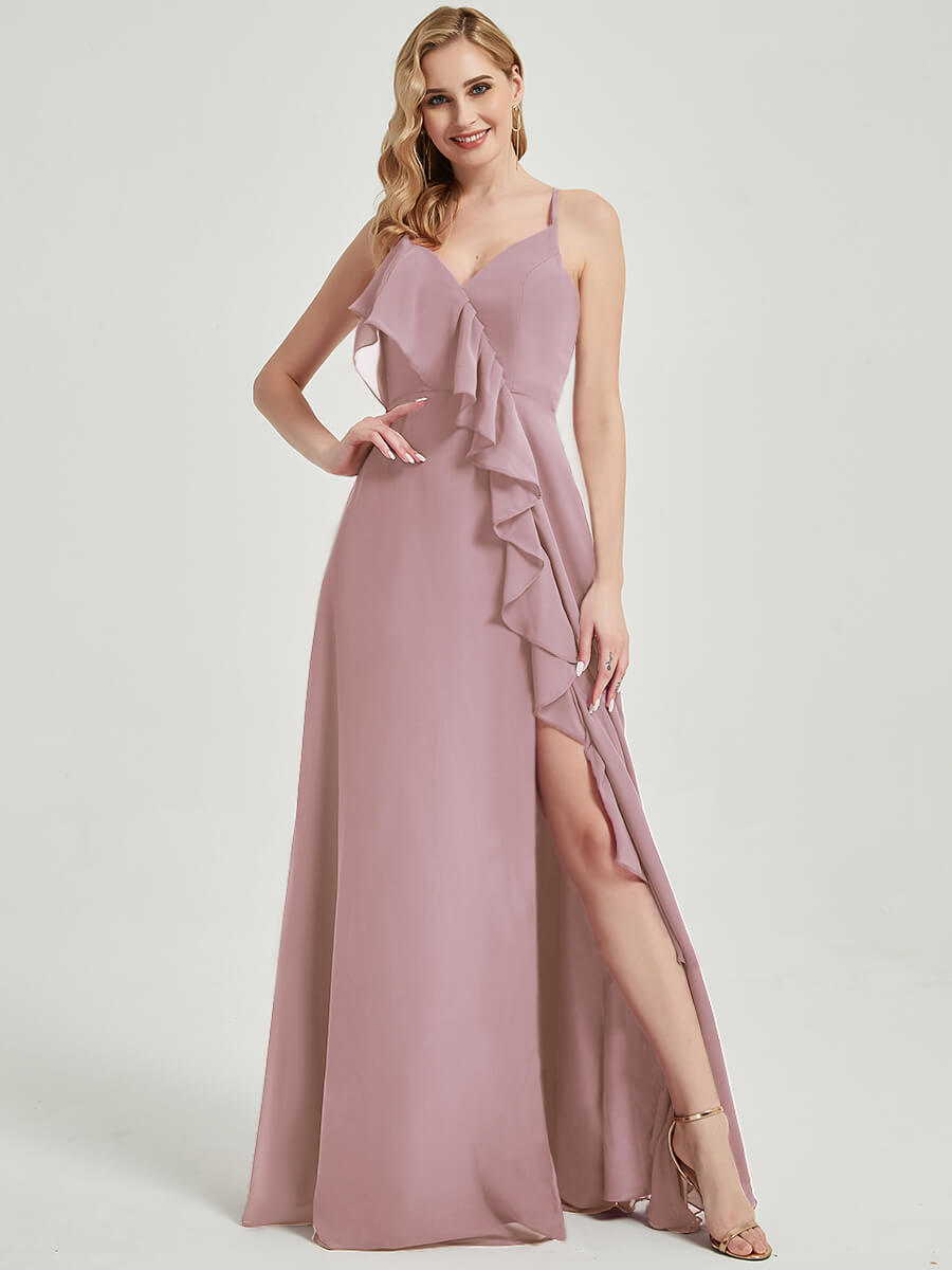 Elegant Vintage Mauve Chiffon Bridesmaid Dress with Criss Cross Straps, Ruffles & High Slit - Perfect for Weddings, Parties & Formal Events