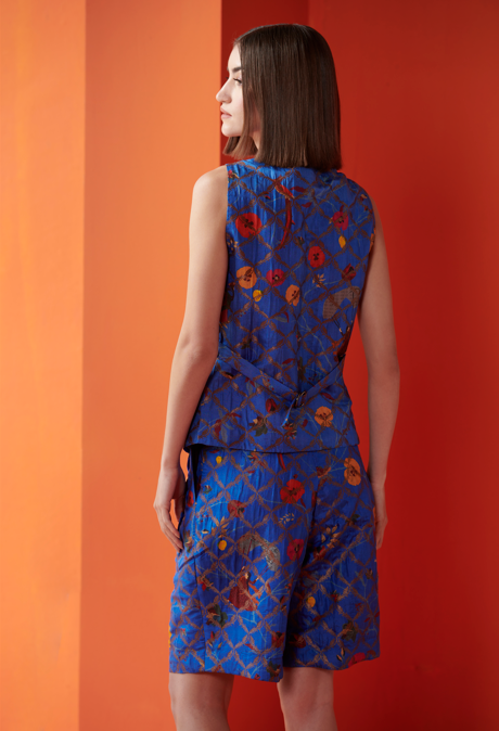 Luxury Silk Brocade Long Shorts for Women - Cobalt Blue High Waist Palazzo Pants - Perfect for Summer, Beach Vacations & Boho Fashion