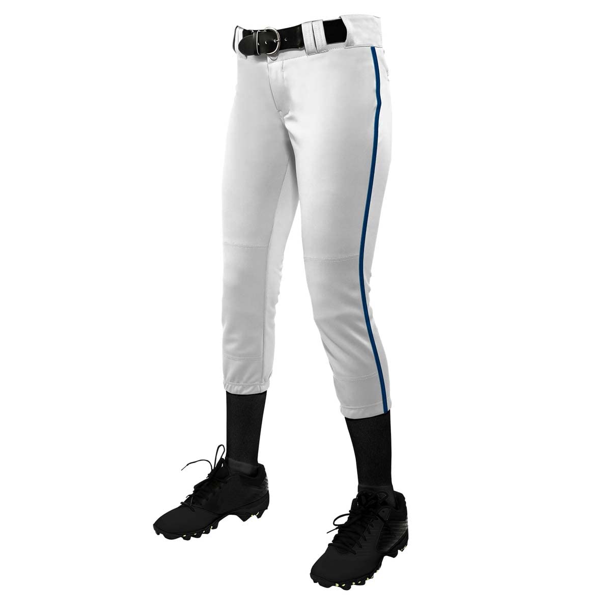 CHAMPRO Youth Tournament Low Rise Piped Fastpitch Softball Pants - White/Navy - Size S - Perfect for Youth Softball Games & Practice