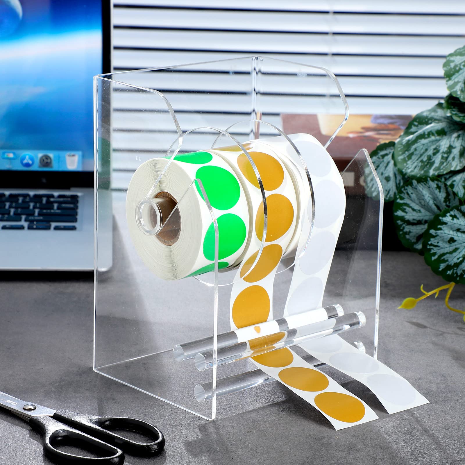 Adjustable Label Dispenser with 3 Disks - Clear Acrylic Sticker Roll Holder & Tape Organizer Stand for Office, Home, Desktop - Perfect for Organizing Files, Shipping Labels, and Craft Projects