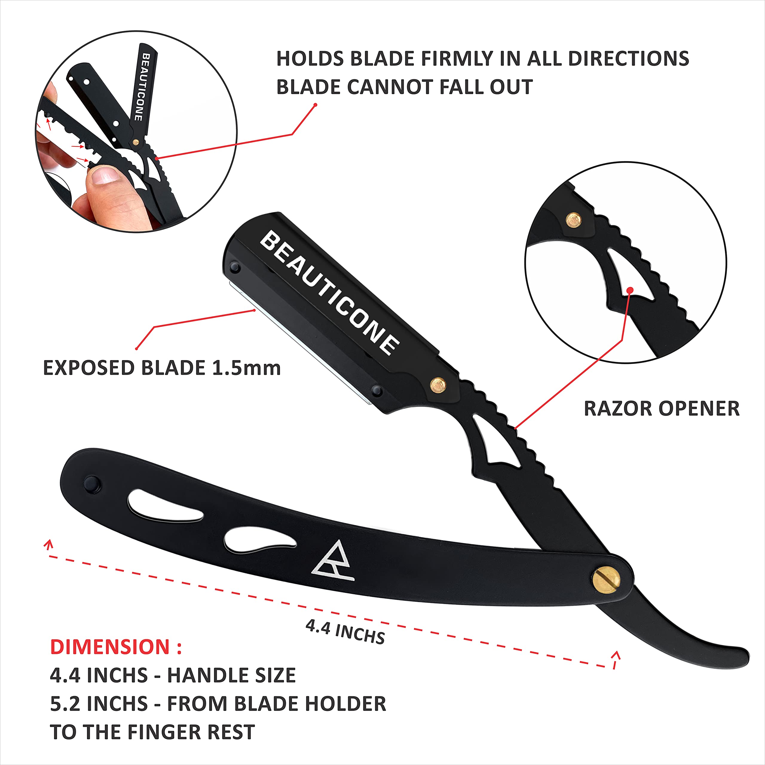 Professional Straight Razor for Men - BEAUTICONE Barber Razor with 100 Single Edge Blades, Black & Gray Leaf Handle - Perfect for Shaving, Grooming & Beard Trimming at Home or Salon