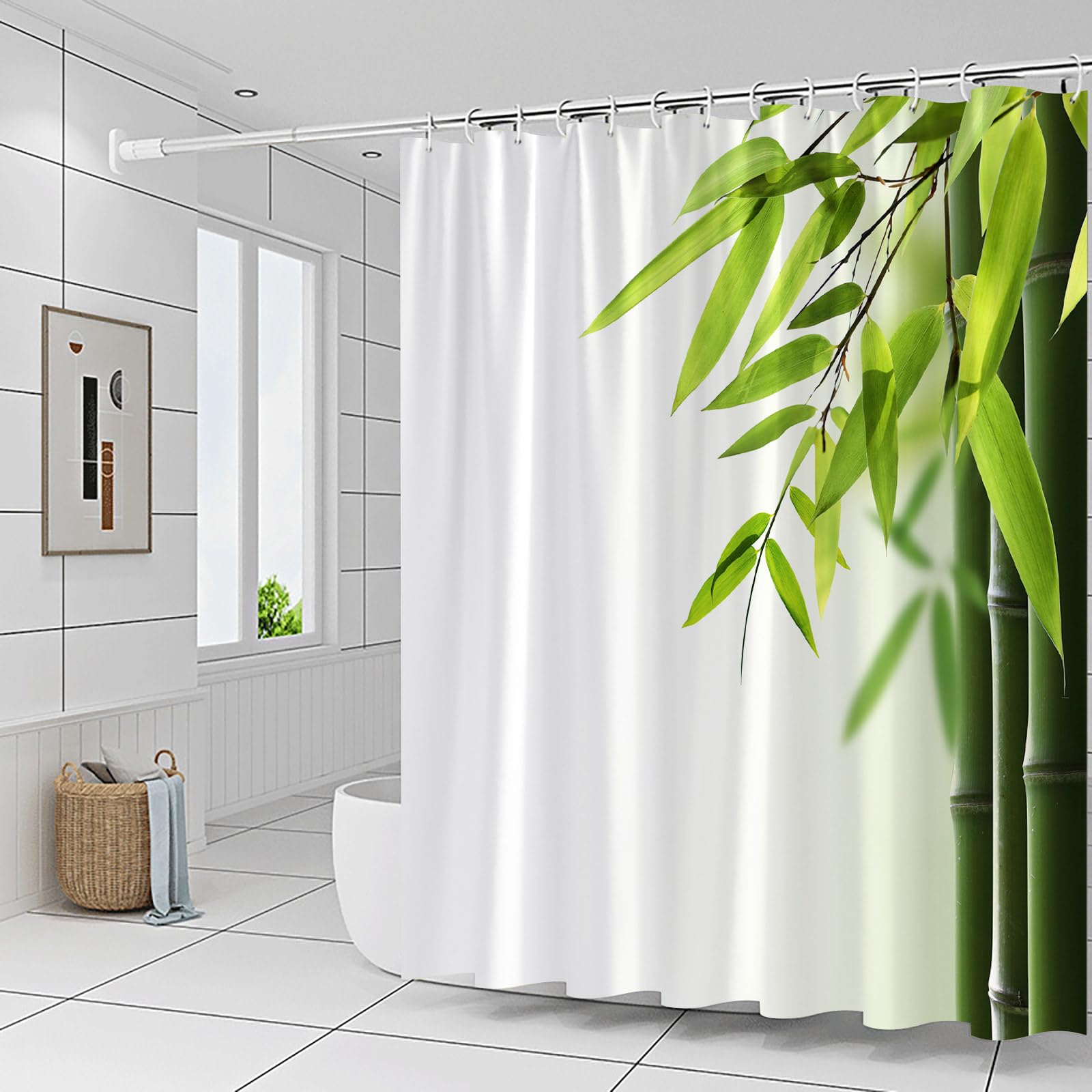 Eco-Friendly Green Bamboo Shower Curtain - Japanese Zen Style Spa Bathroom Decor with Leaf Pattern - 70x70 Inch Polyester Fabric Hanging Set with Hooks - Perfect for Meditation, Relaxation & Nature-Inspired Home Decor