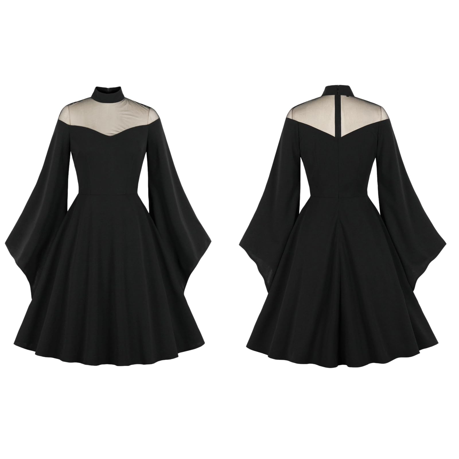Gothic Retro Black Mesh Long Sleeve Emo Dress for Halloween, Evening Ball, and Vintage Themed Parties - Elegant Lace Detailing for Women's Gothic Fashion