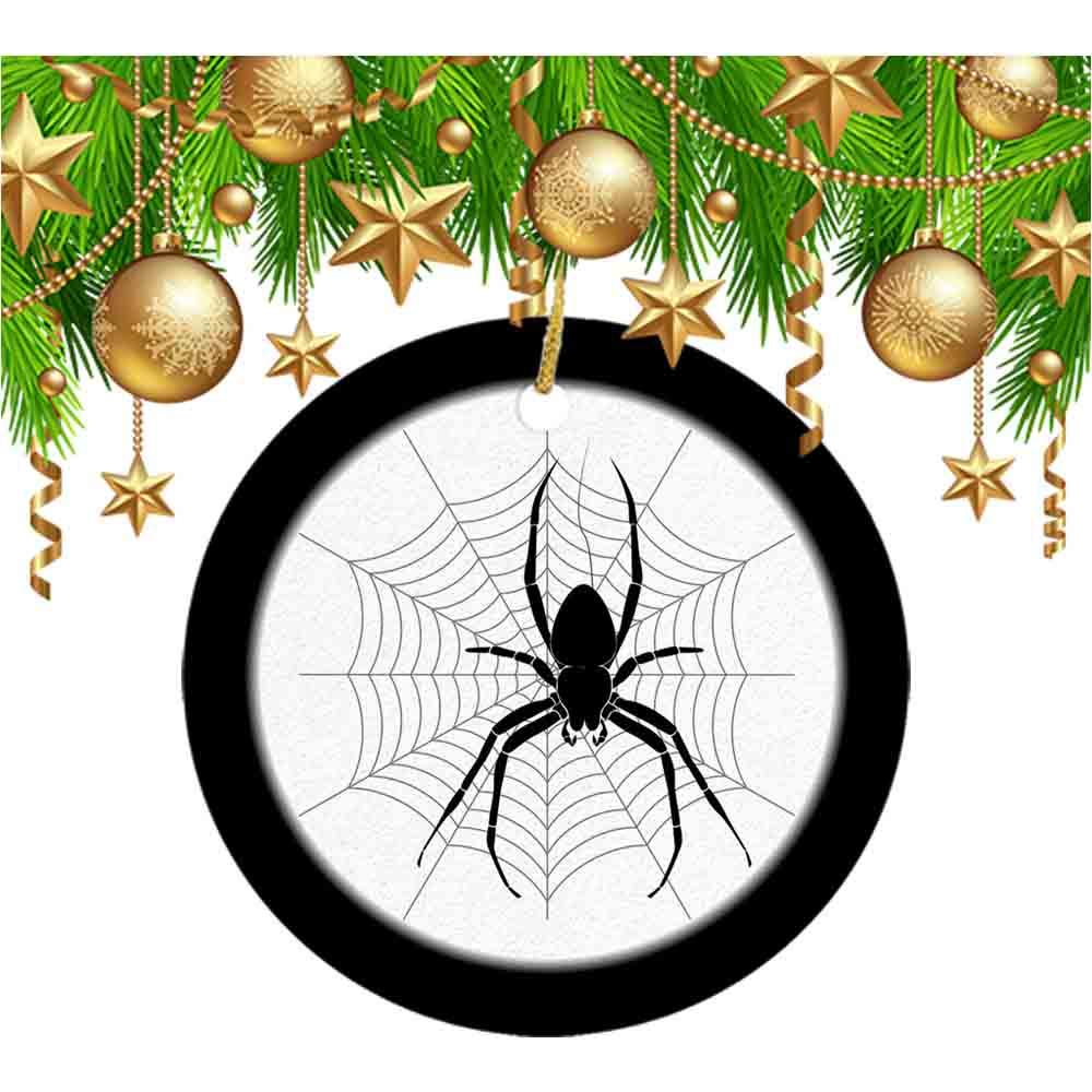 Spider Web Halloween Black and White Ceramic Christmas Ornament - 2.85 Inch Cute Holiday Tree Decoration for Xmas, Halloween Party & Home Decor