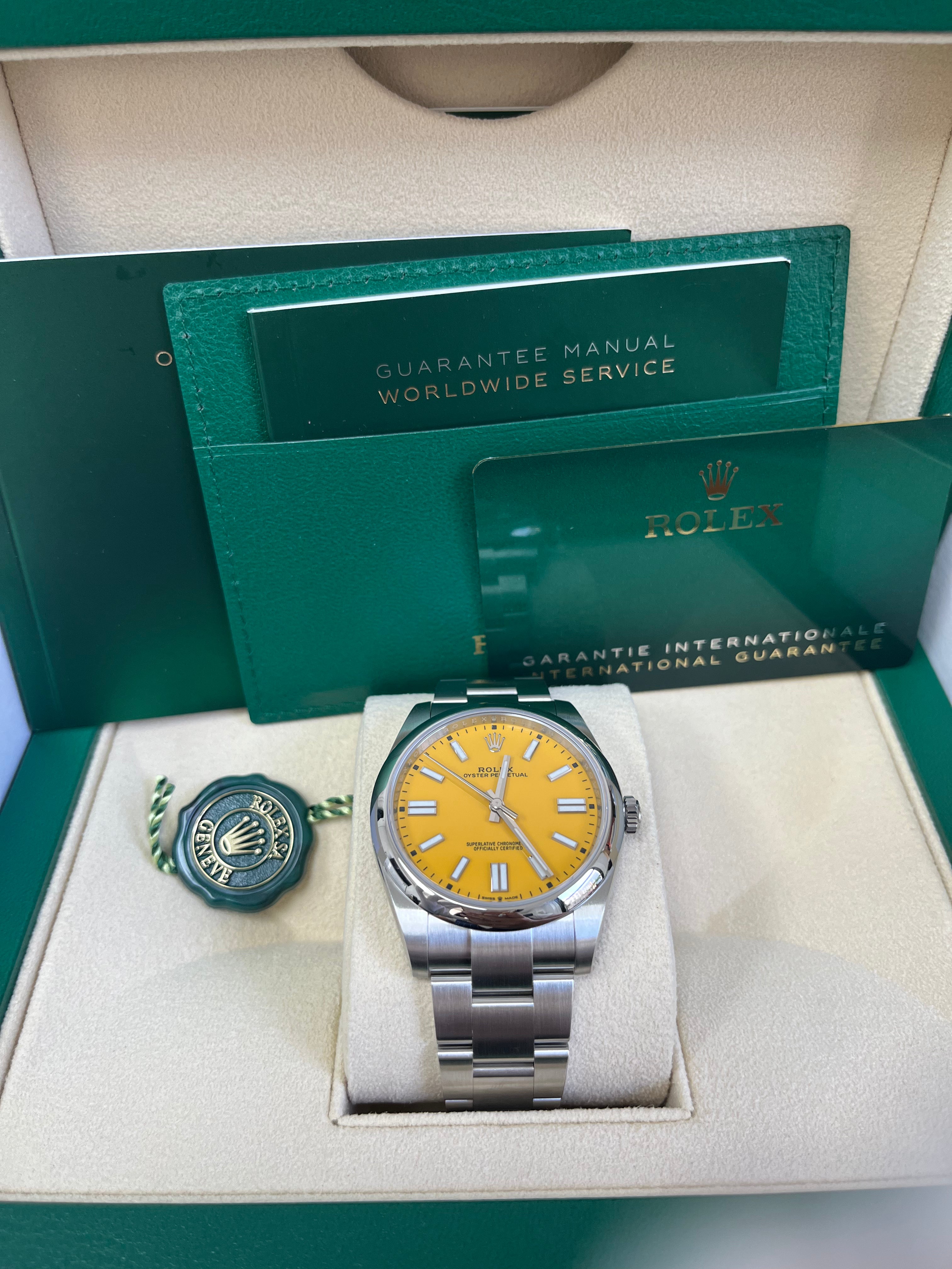 Rolex Oyster Perpetual 41 Watch - Stainless Steel Case, Sunflower Yellow Dial, Oyster Bracelet (Ref# 124300) | Luxury Men's Dress Watch for Business & Formal Occasions