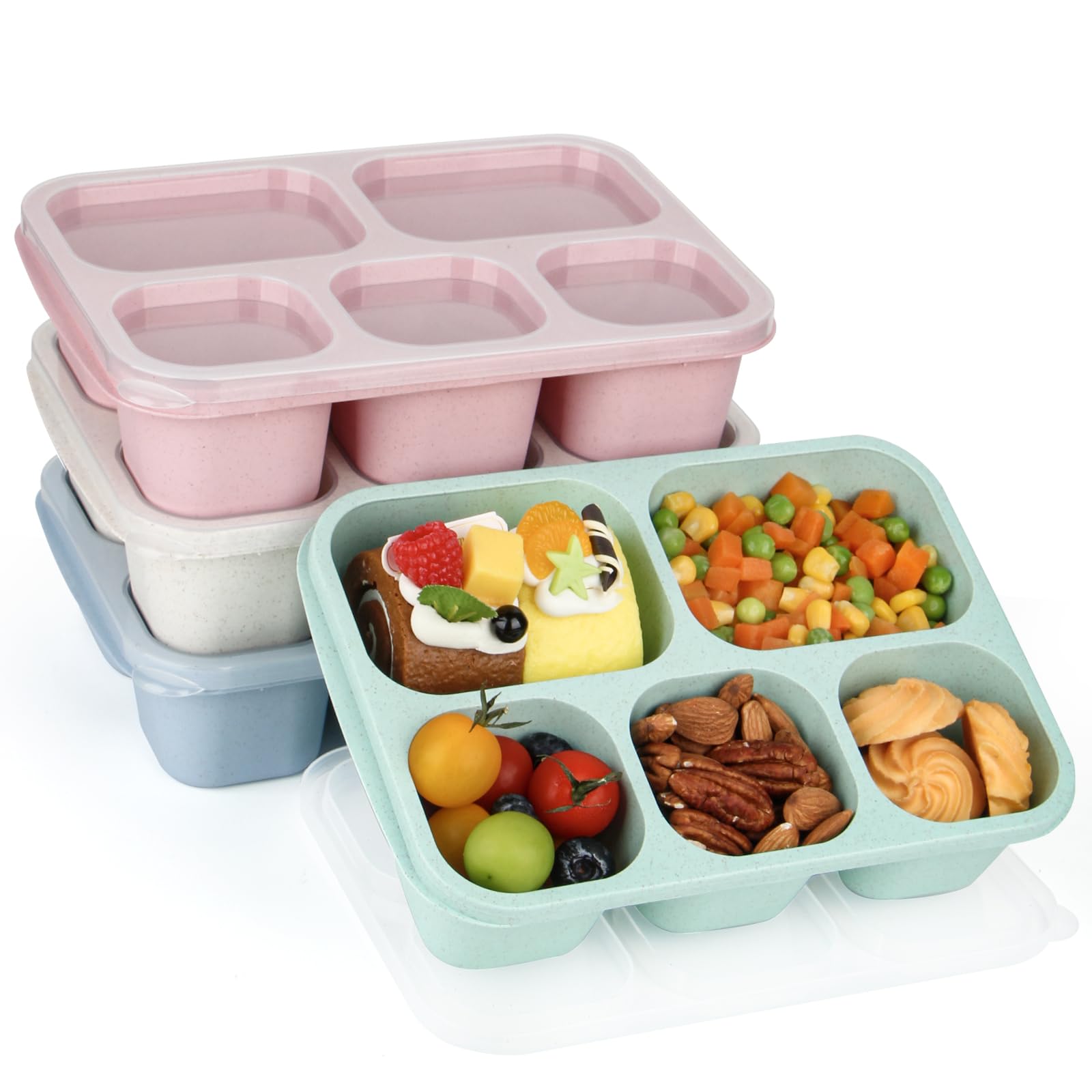 Eco-Friendly 5-Compartment Bento Lunch Box Set of 4 - Reusable Food Storage Containers for Adults, Perfect for School, Work & Travel - Ideal for Meal Prep, Healthy Eating & On-the-Go Lifestyle (Wheat Color)