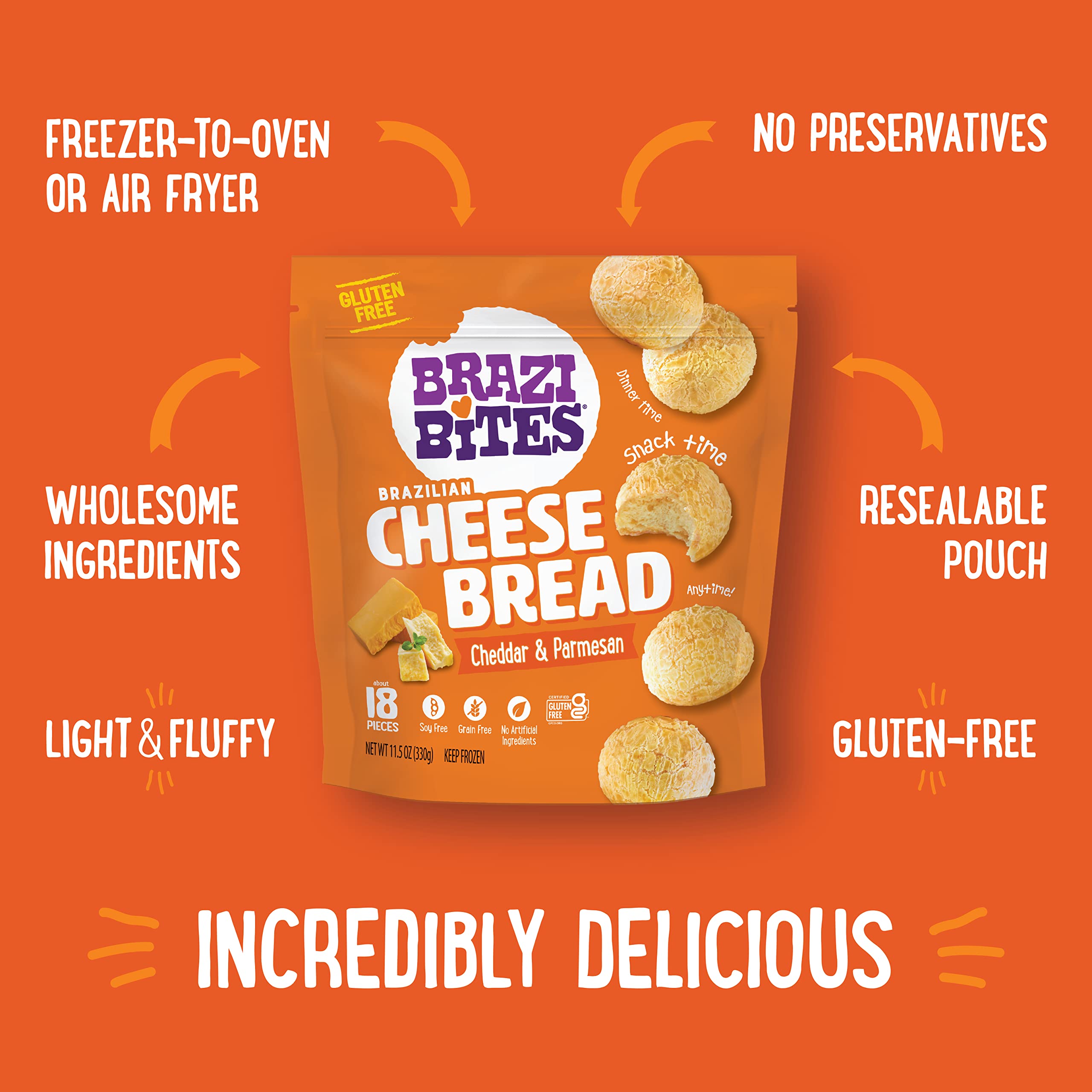 Gluten-Free Brazilian Cheese Bread - Cheddar & Parmesan | Vegetarian Frozen Snacks | Soy-Free, No Artificial Ingredients or Preservatives | 11.5 oz (8-Pack) | Perfect for Parties, Breakfast & Quick Snacks