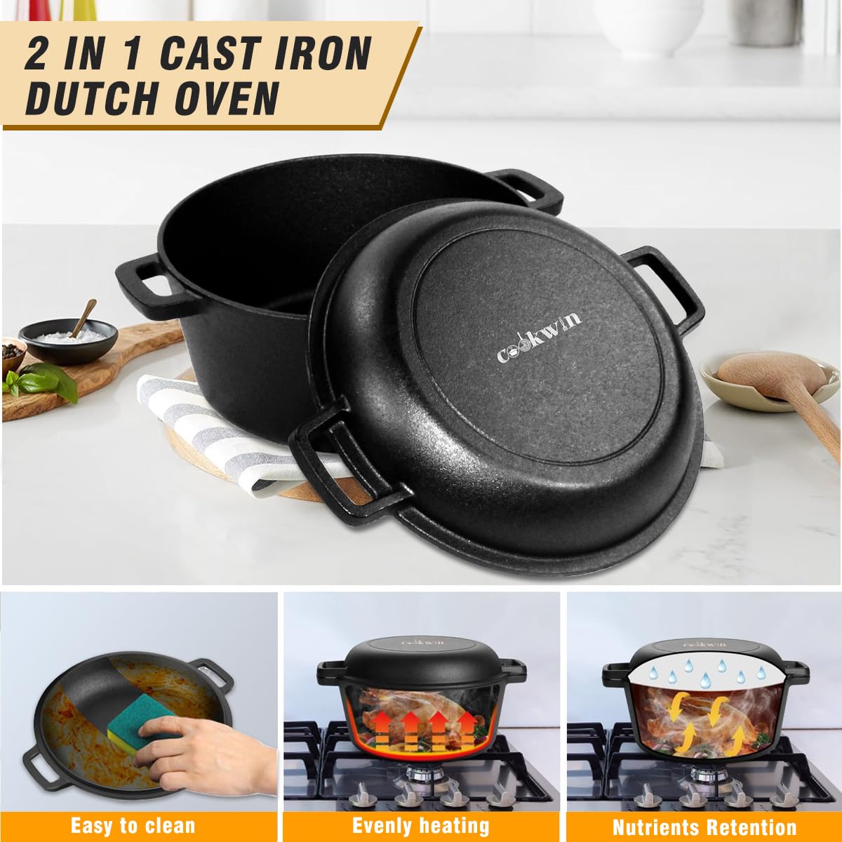 2-in-1 Pre-Seasoned Cast Iron Dutch Oven with Lid - 5.5 Quart Enameled Cookware Set for Camping, Lodge & RV - Perfect for Stews, Baking Bread & Outdoor Cooking