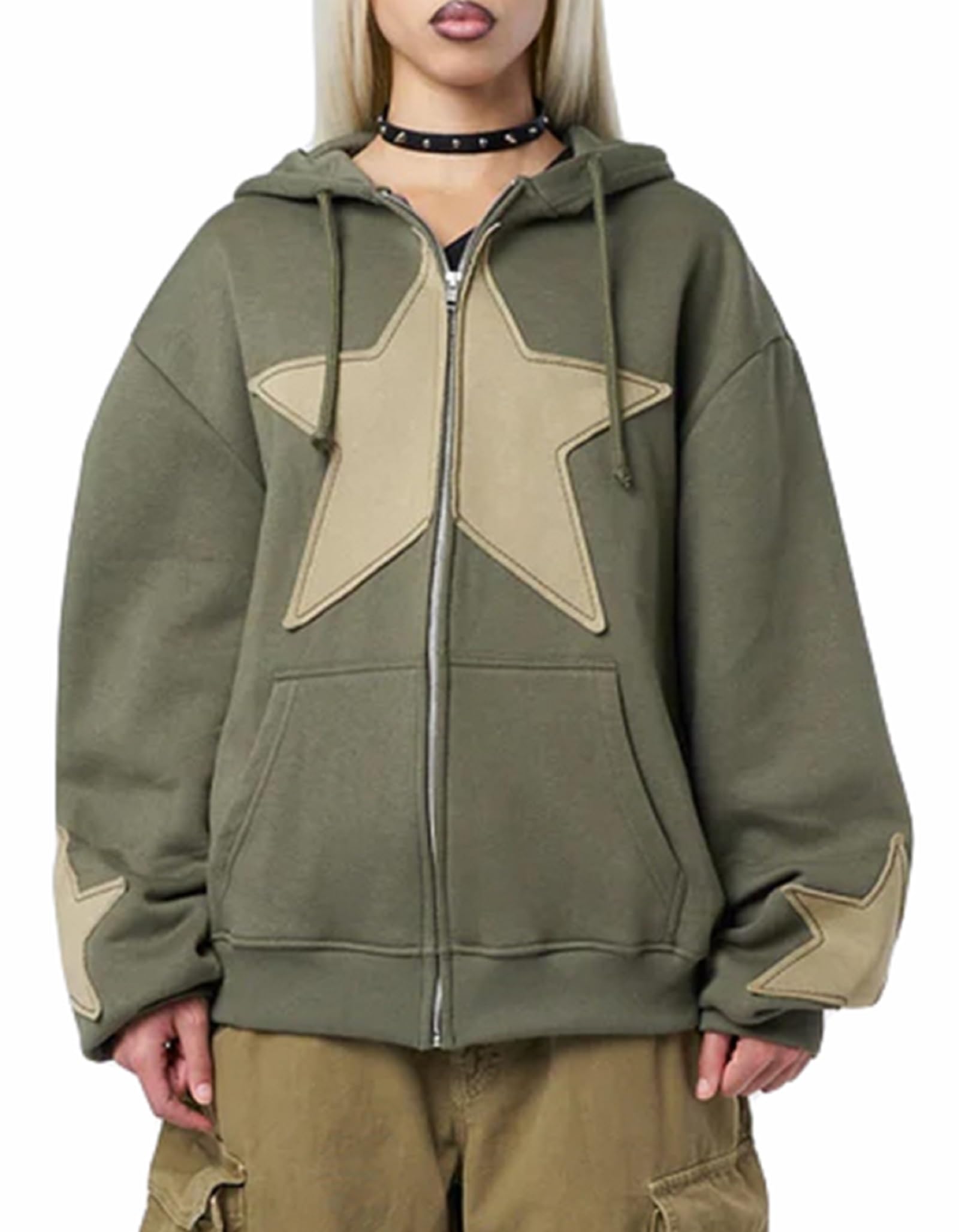 Y2K Oversized Star Print Women's Zip Up Hoodie - Baggy Graphic Sweatshirt with Drawstring Hood & Pocket | Long Sleeve Streetwear for Casual Outfits, College Fashion & Retro Style