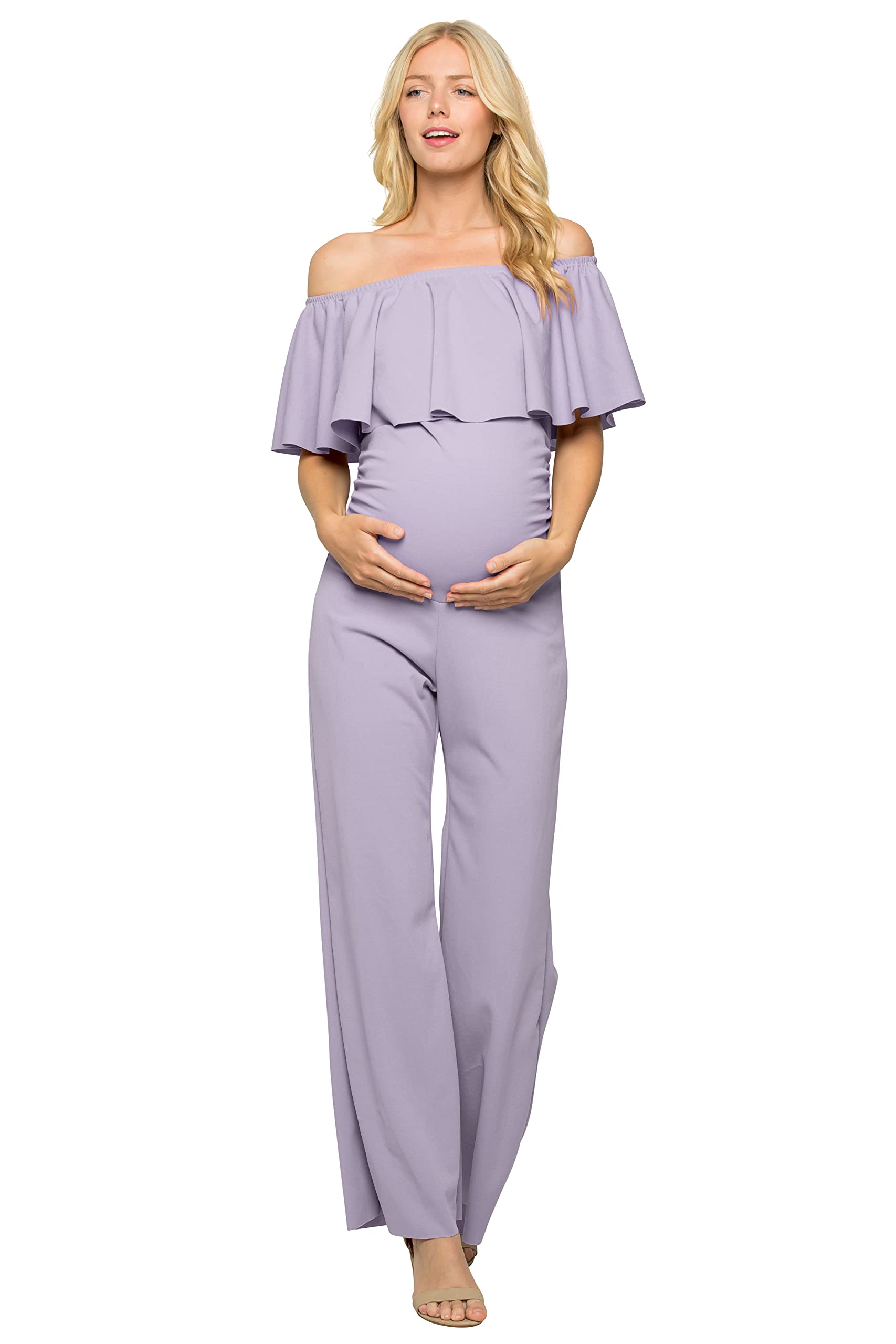My Bump Maternity Ruffle Off Shoulder Jumpsuit - Made in USA | Comfortable Pregnancy Outfit for Baby Shower, Maternity Photos & Special Occasions