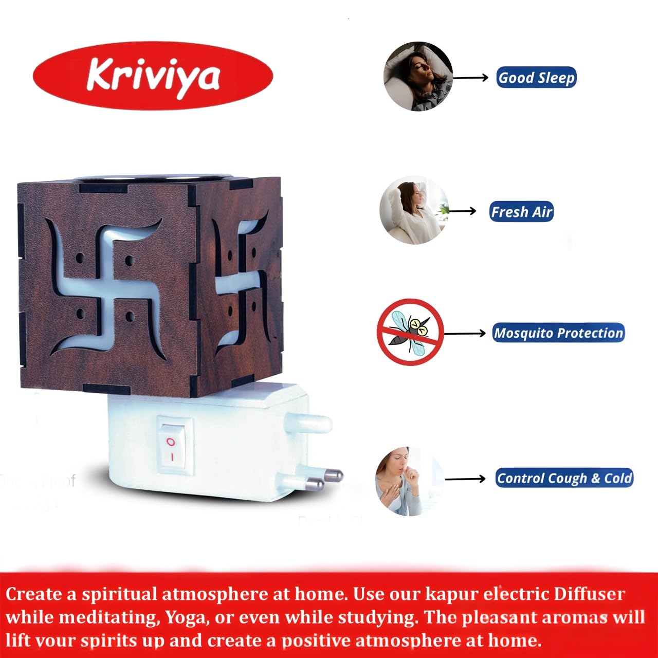 Kriviya Premium Electric Kapoor Dani - Aromatherapy Diffuser & Night Light for Home, Living Room | Camphor & Incense Holder with Wood Swastik Design | Perfect for Relaxation, Meditation & Home Decor