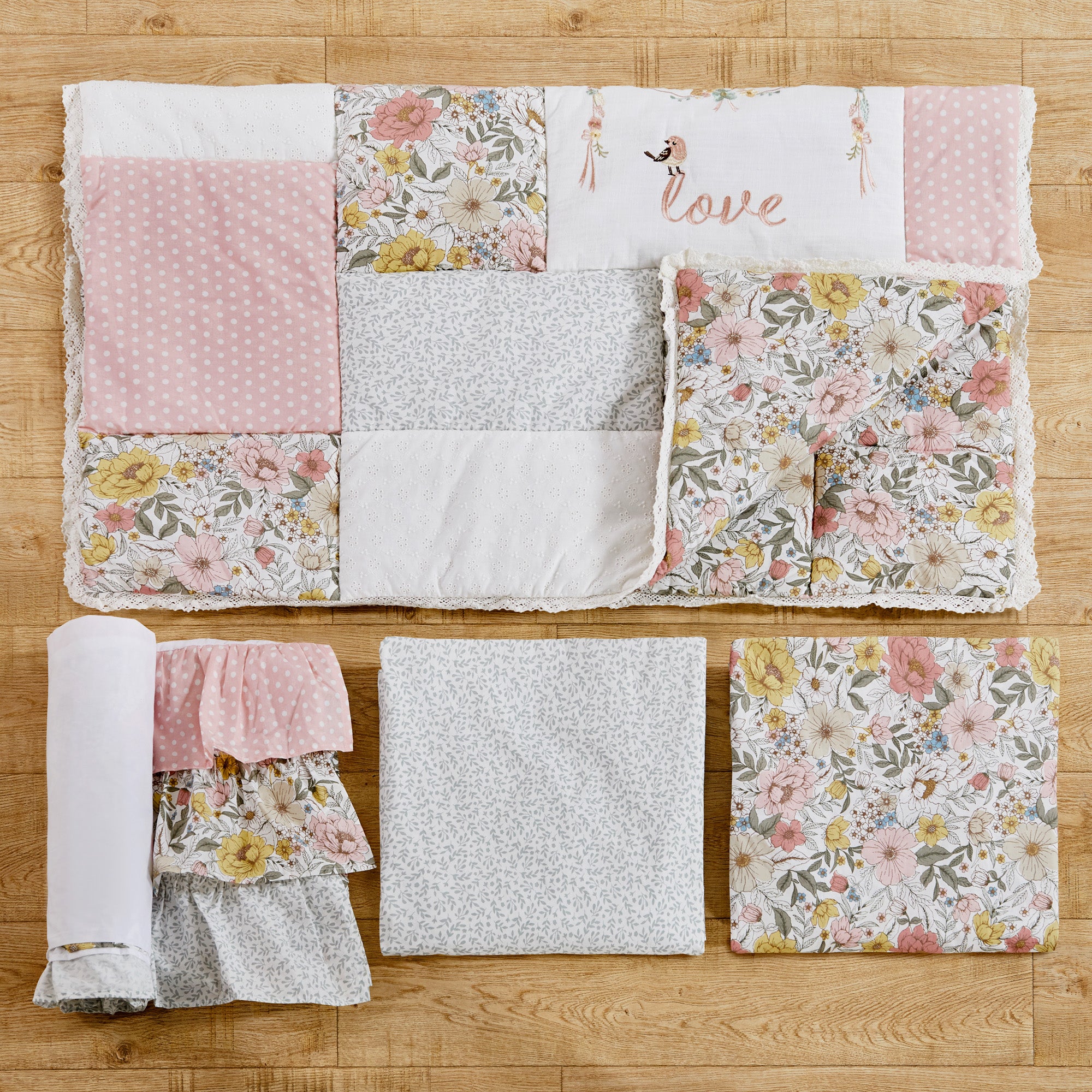 Patch Garden 4-Piece Crib Bedding Set - Soft Baby Crib Sheets, Fitted Crib Skirt & Coordinating Pillowcase - Nursery Bedding for Boys & Girls - Perfect for Newborns, Infants & Toddlers