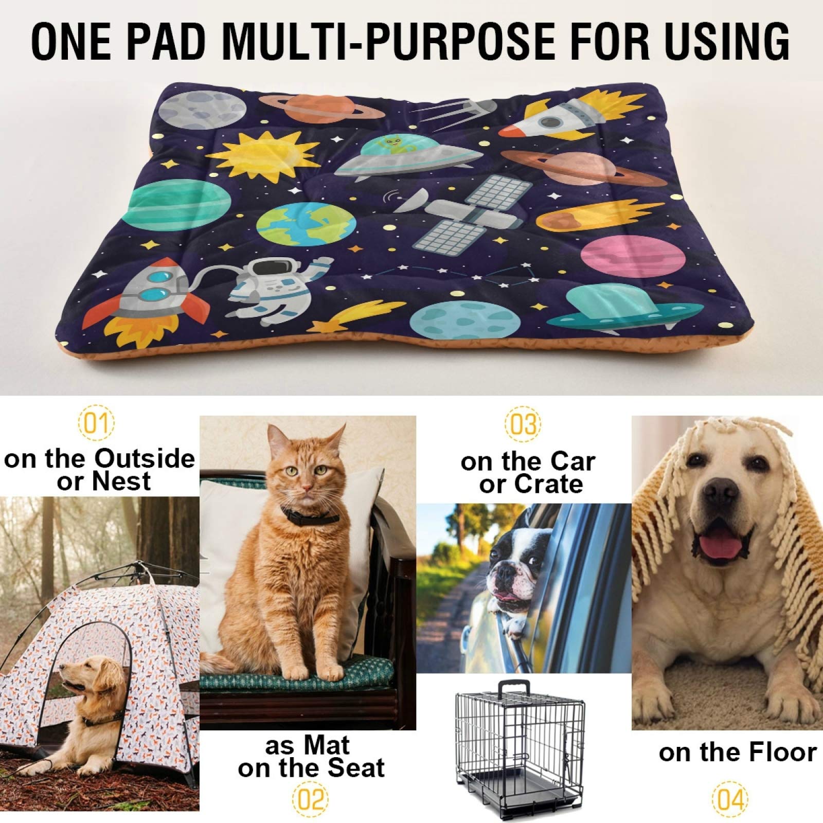Cartoon Rocket Dog Bed for Small Medium Dogs & Cats - Ultra Soft Rectangle Pet Bed with Calming Design, 24x18 Inch - Perfect for Living Room, Bedroom & Pet Travel