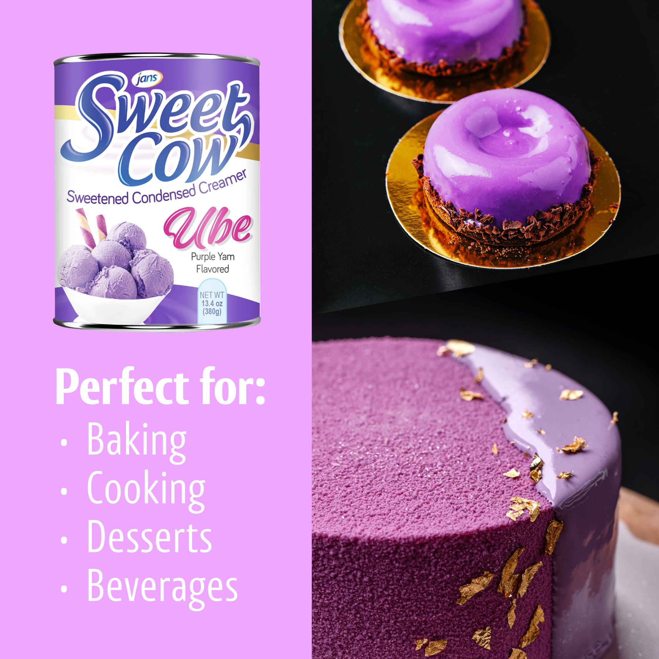 Jans Sweet Cow Ube Flavored Sweetened Condensed Creamer - 13.4oz (Pack of 2) - Purple Yam Milk for Baking, Cooking, Coffee & Desserts - Perfect for Ube Cake, Halo-Halo & Filipino Desserts