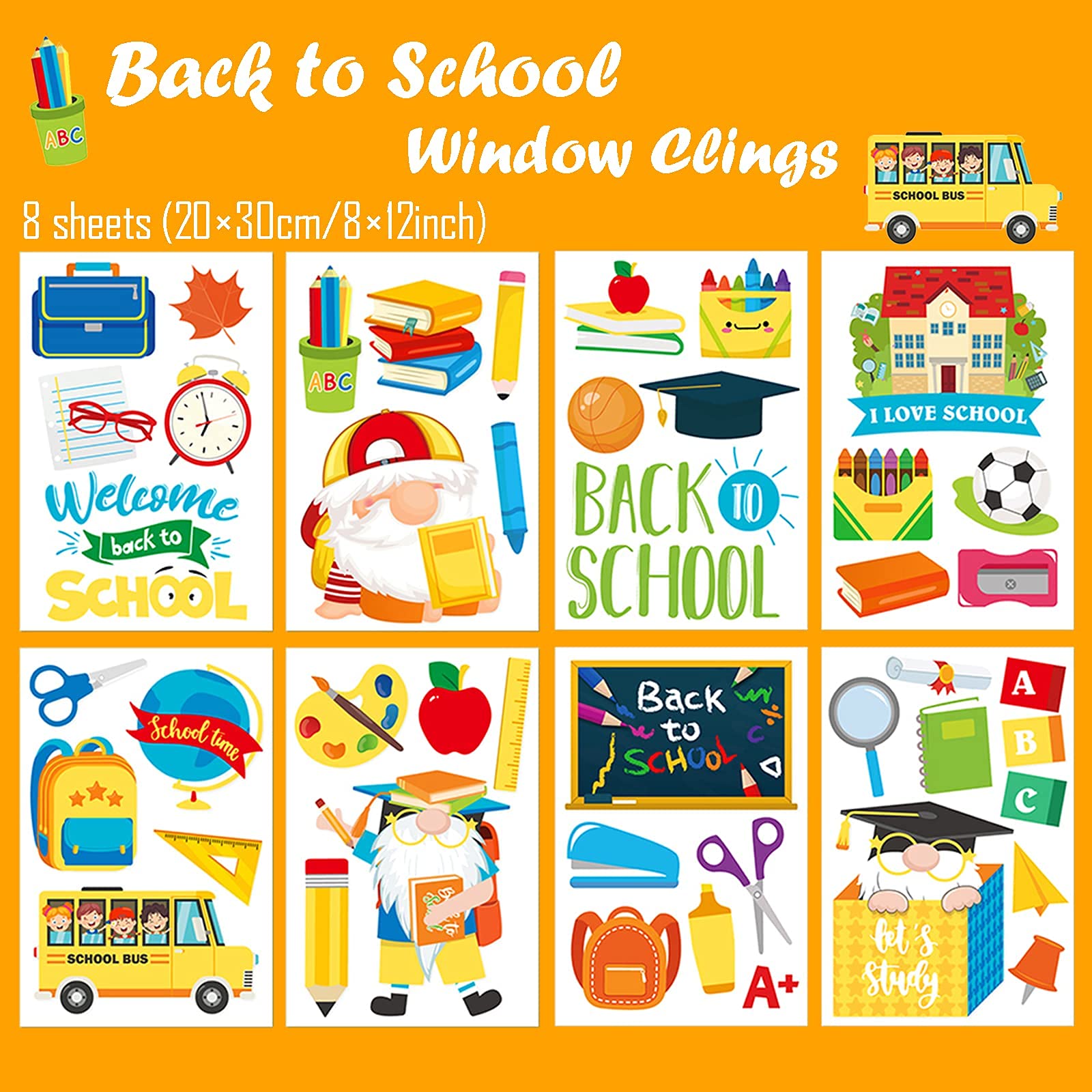 8 Sheets Reusable Static Window Clings - Back to School Decorations for Classroom, Wall, Glass & Car | Welcome & Seasonal Decals for Home, Office & Retail Stores