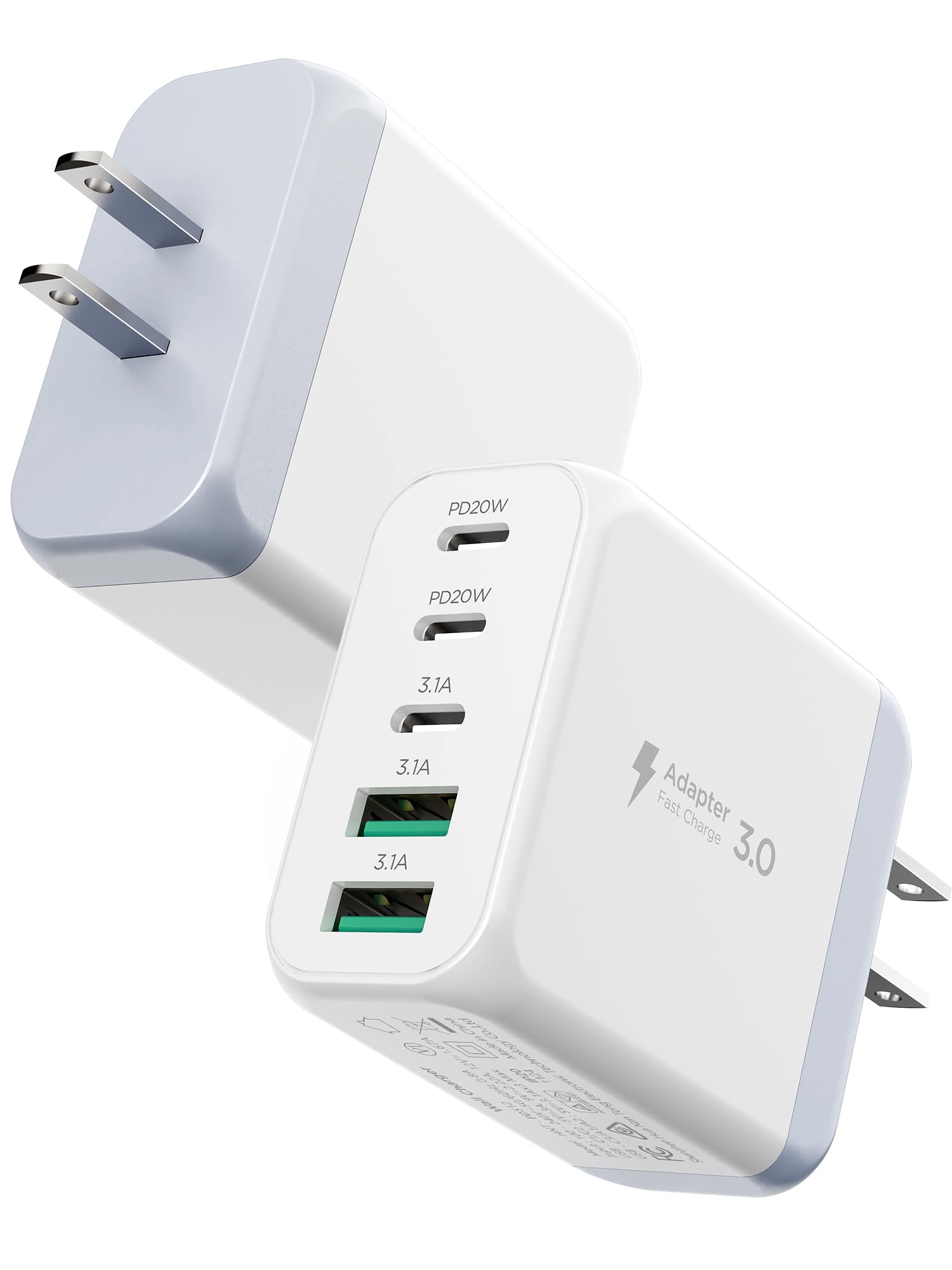 50W 5-Port USB C Fast Charger Block [2-Pack] - 3 USB-C & 2 USB-A Ports - Compatible with iPhone 16/15/14/13/12/11 Pro Max/XS, iPad, Samsung Galaxy - White Wall Charger Cube for Home, Office & Travel Charging Multiple Devices