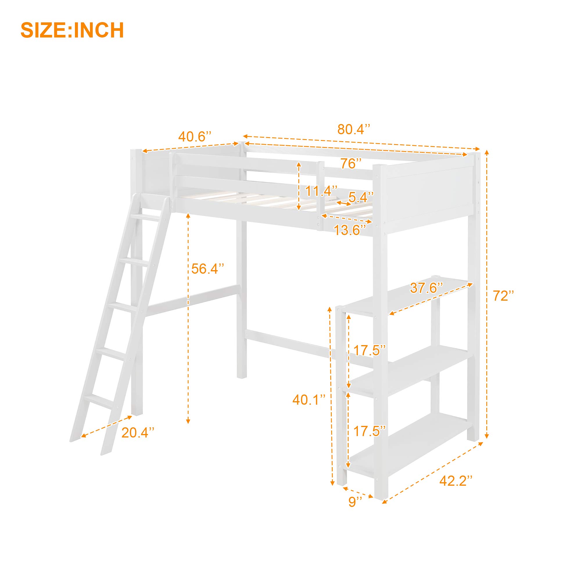 **Wooden Twin Loft Bed for Kids with Storage Shelves & Angled Ladder - No Box Spring Needed, White - Perfect for Small Bedrooms & Space-Saving Kids' Rooms**