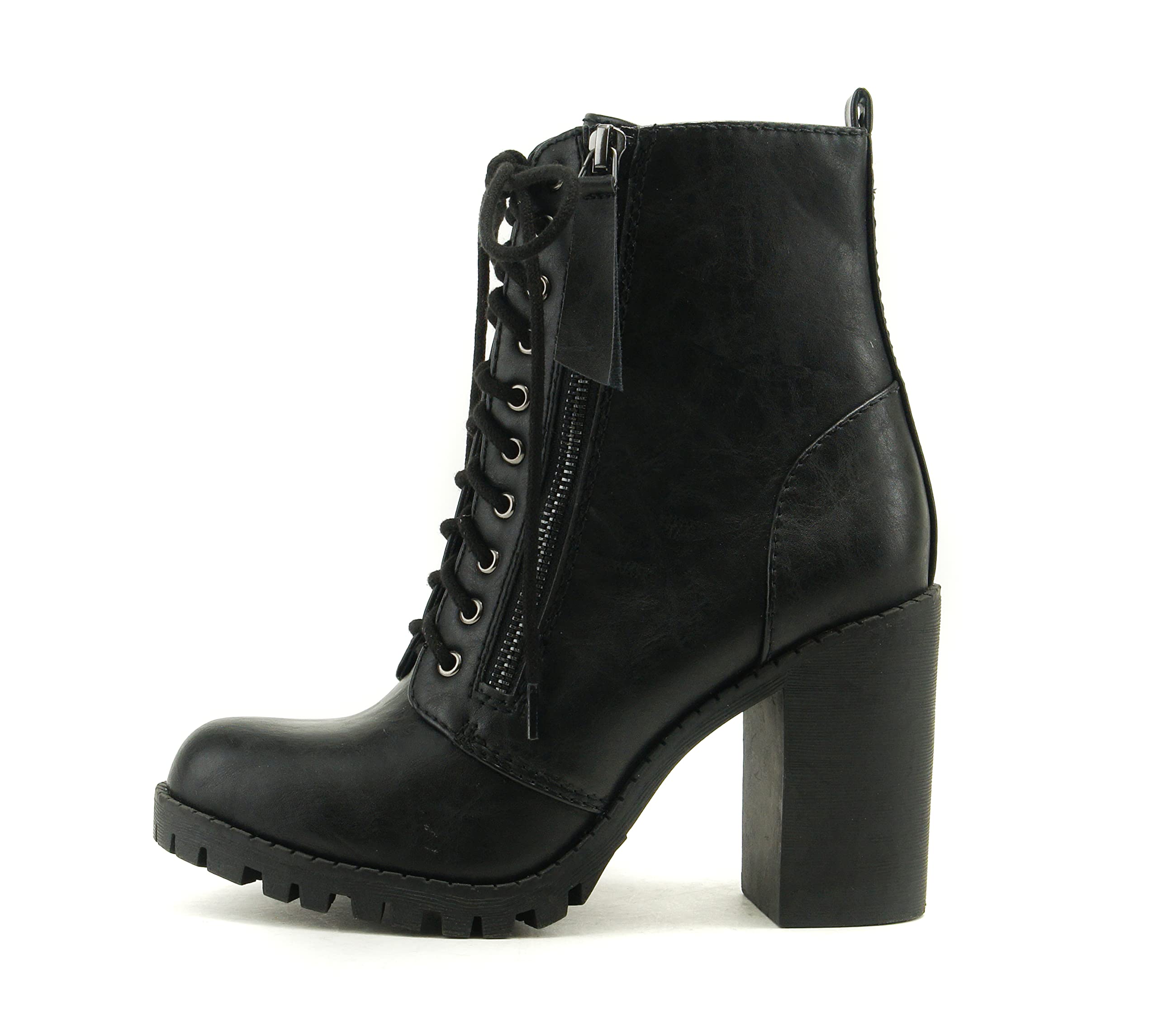 Soda Women's Malia Combat Boots - Black, Size 5.5 | Chunky Heel Ankle Booties for Women | Stylish & Comfortable for Fall, Winter & Casual Outfits