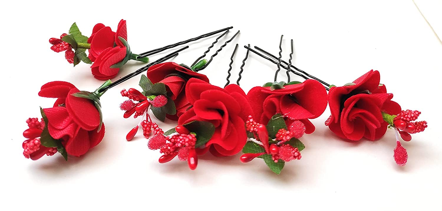 Elegant Red Rose Hair Clips for Women - Bridal Hair Pins, Floral Bobby Pins for Wedding, Bridesmaids & Special Occasions (Pack of 4) | Perfect for Weddings, Prom, Parties & Everyday Elegant Style