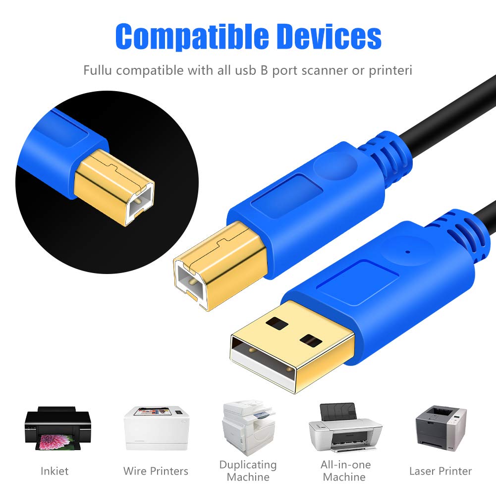 Hanprmee 30Ft USB 2.0 Printer Cable - High Speed Gold-Plated A Male to B Male Connector for HP, Canon, Lexmark, Dell, Xerox, Samsung Printers & Scanners - Durable Blue Cord for Office & Home Use