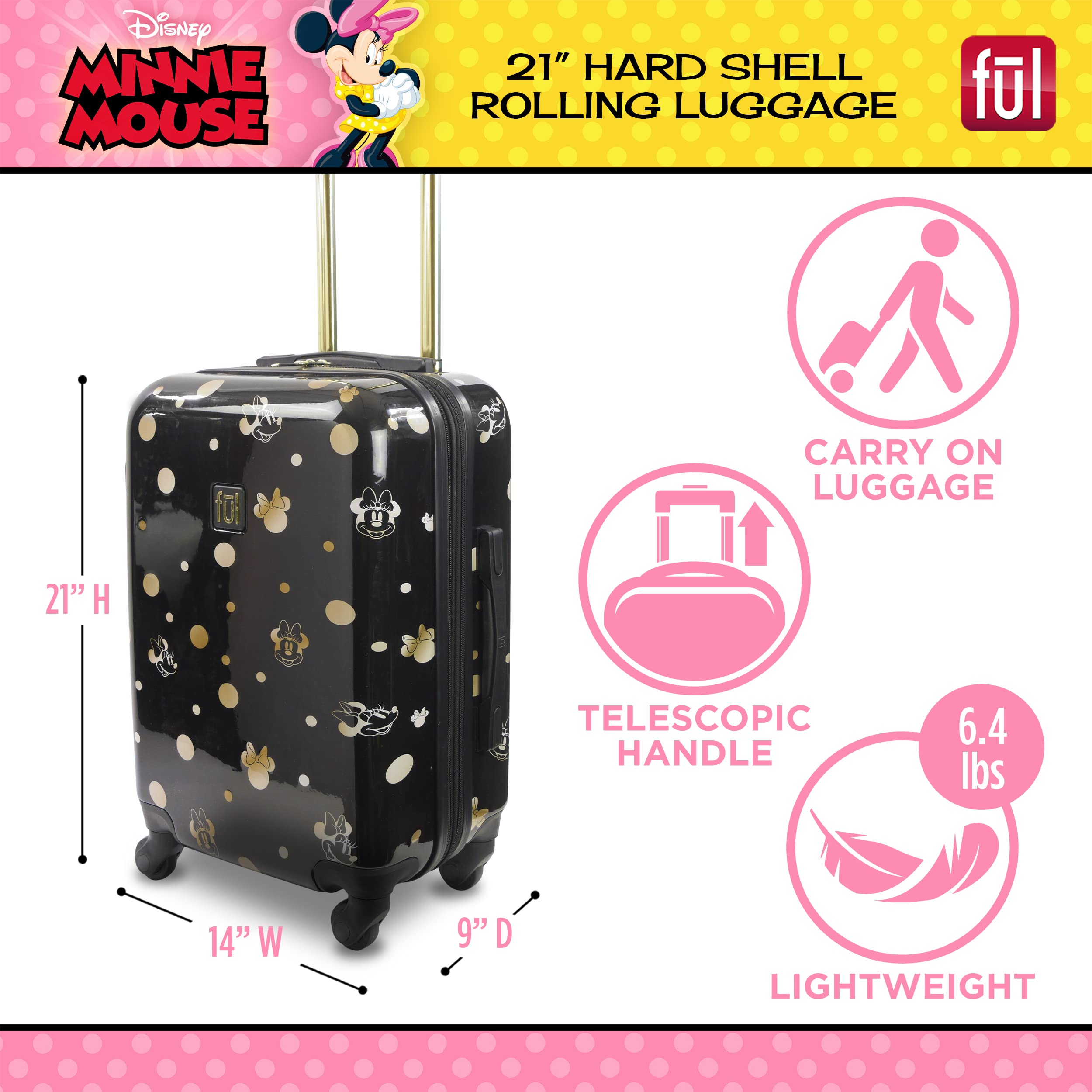 Disney Golden Minnie Mouse Hardshell Spinner Carry-On Luggage - Black Rolling Suitcase for Women & Kids, Perfect for Air Travel, Vacation & Business Trips