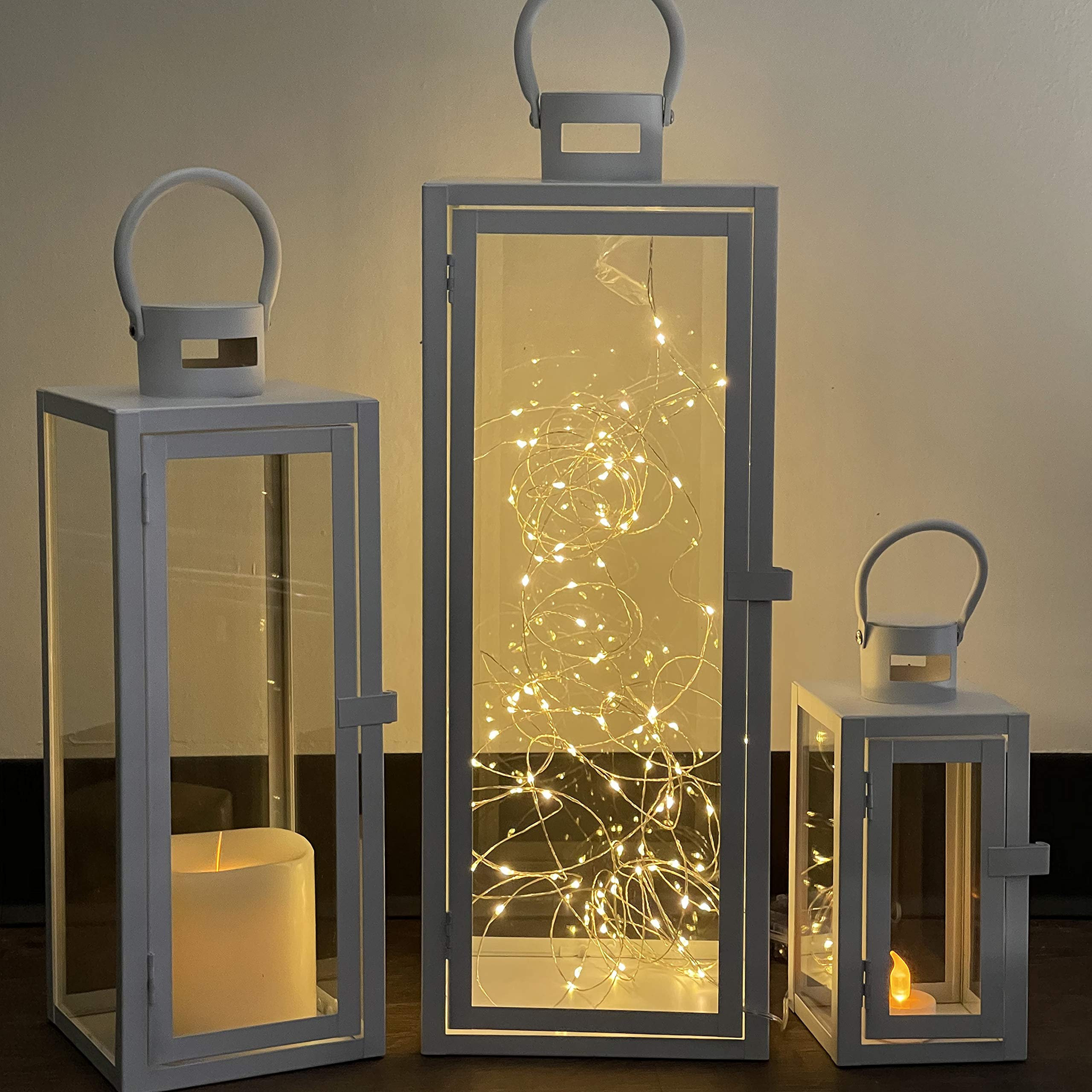 Allgala 3-Piece Jumbo Lantern Set - 23 Inch Modern Indoor/Outdoor Candle Lanterns with White Painted Iron Frame & Tempered Glass - Perfect for Garden, Poolside, Fireplace Decor, and Wedding Centerpieces