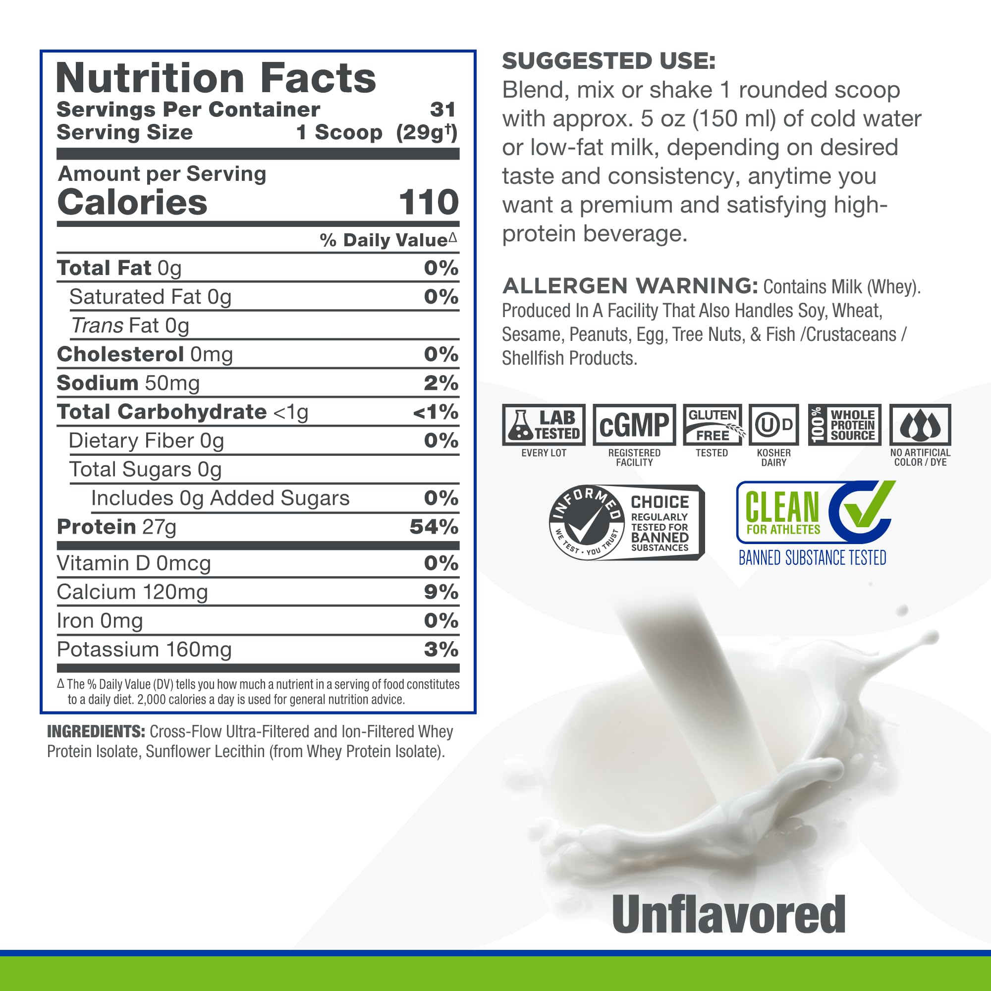 ALLMAX Nutrition ISONATURAL Whey Protein Isolate Powder - Unflavored 2lb (27g Protein Per Scoop) | Zero Fat & Sugar, 99% Lactose Free with Prebiotics | No Artificial Flavors, 31 Servings | Ideal for Post-Workout Recovery & Muscle Building