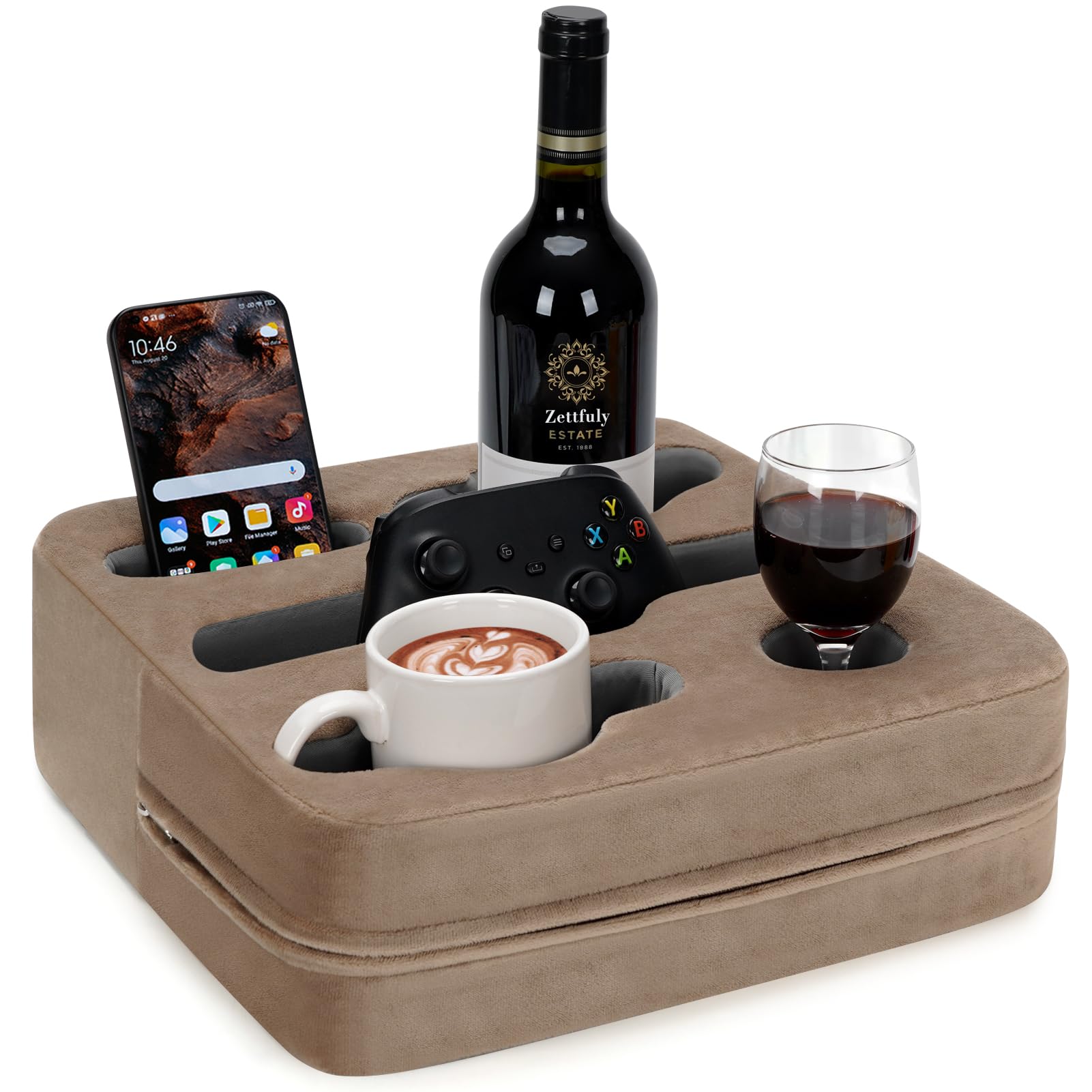 **Premium Couch Cup Holder Pillow - Sofa Armrest Organizer with Storage Pockets for Drinks, Phone, Remote, Snacks & Headphones | Multi-Use for Living Room, Car, RV, Beach & Travel (Light Brown)**