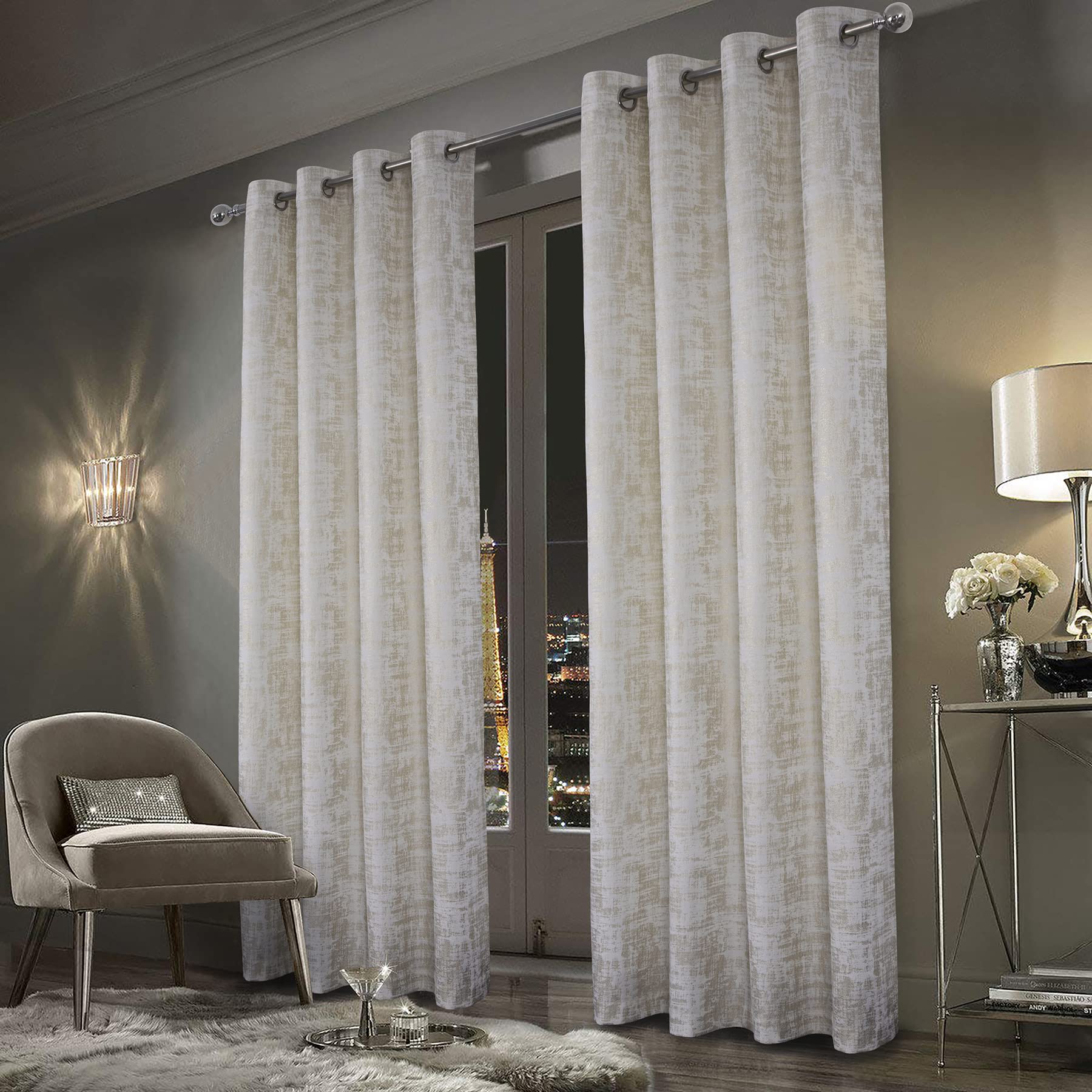 Always4U White Soft Velvet Curtains 63 Inch Length - Luxury Blackout Curtains with Gold Foil Print for Bedroom & Living Room - Set of 2 Panels - Perfect for Home Decor, Privacy & Light Control