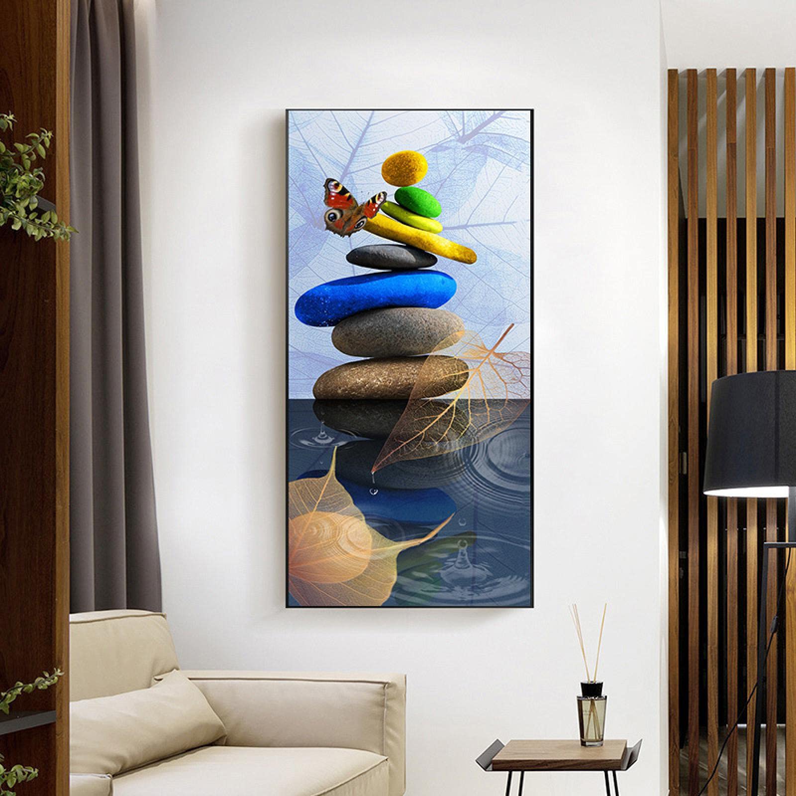 Chinese Style Fortune Stone Plant Leaf Wall Art Print - Modern Frameless Poster for Living Room & Home Decor 60x120cm (24x48in) | Perfect for Boho, Zen & Asian Inspired Interiors