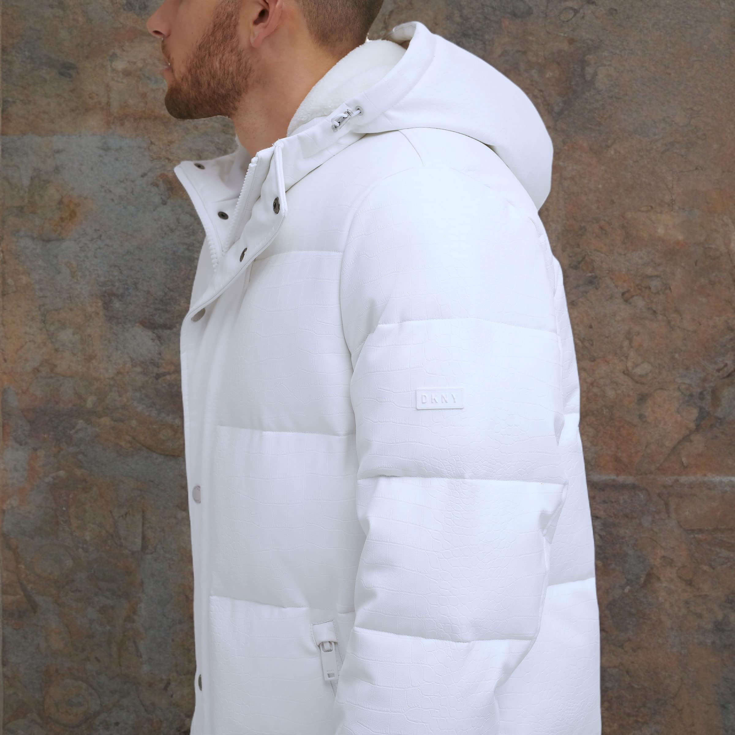 DKNY Men's Faux Leather Long Quilted Jacket - Stylish Winter Coat for Casual Outings & Date Nights