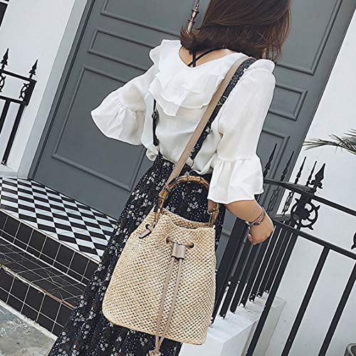 Stylish Women's Straw Bucket Bag with Drawstring - Bamboo Tote Shoulder Bag & Crossbody Beach Purse | Perfect for Summer Outings, Vacations, and Seaside Adventures