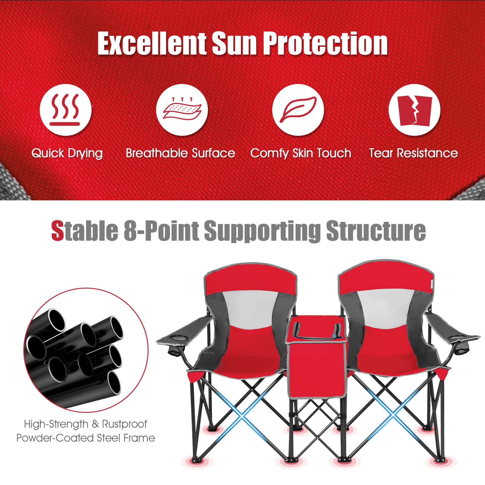 SAFSTAR 2-Person Folding Camping Chair with Shade Canopy - Portable Beach Chair with Cup Holder, Mini Table & Carrying Bag - Compact Outdoor Chairs for Camping, Backyard, Patio, Pool & Beach Picnics - Red
