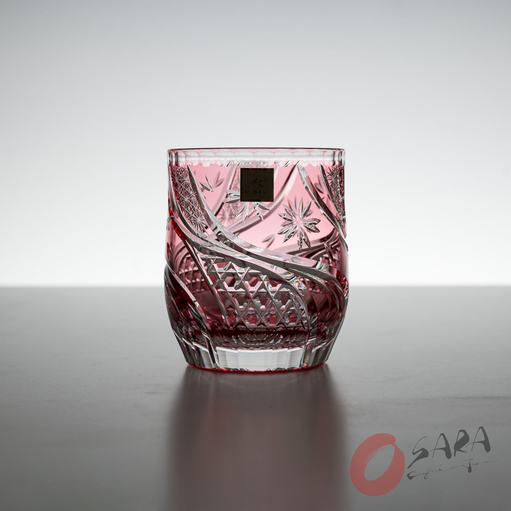 KAGAMI Edo Kiriko Crystal Rock Glass with Floating Cherry Blossoms - Elegant Pink Japanese Whiskey Tumbler for Cocktails, Home Bar Decor & Gift Giving