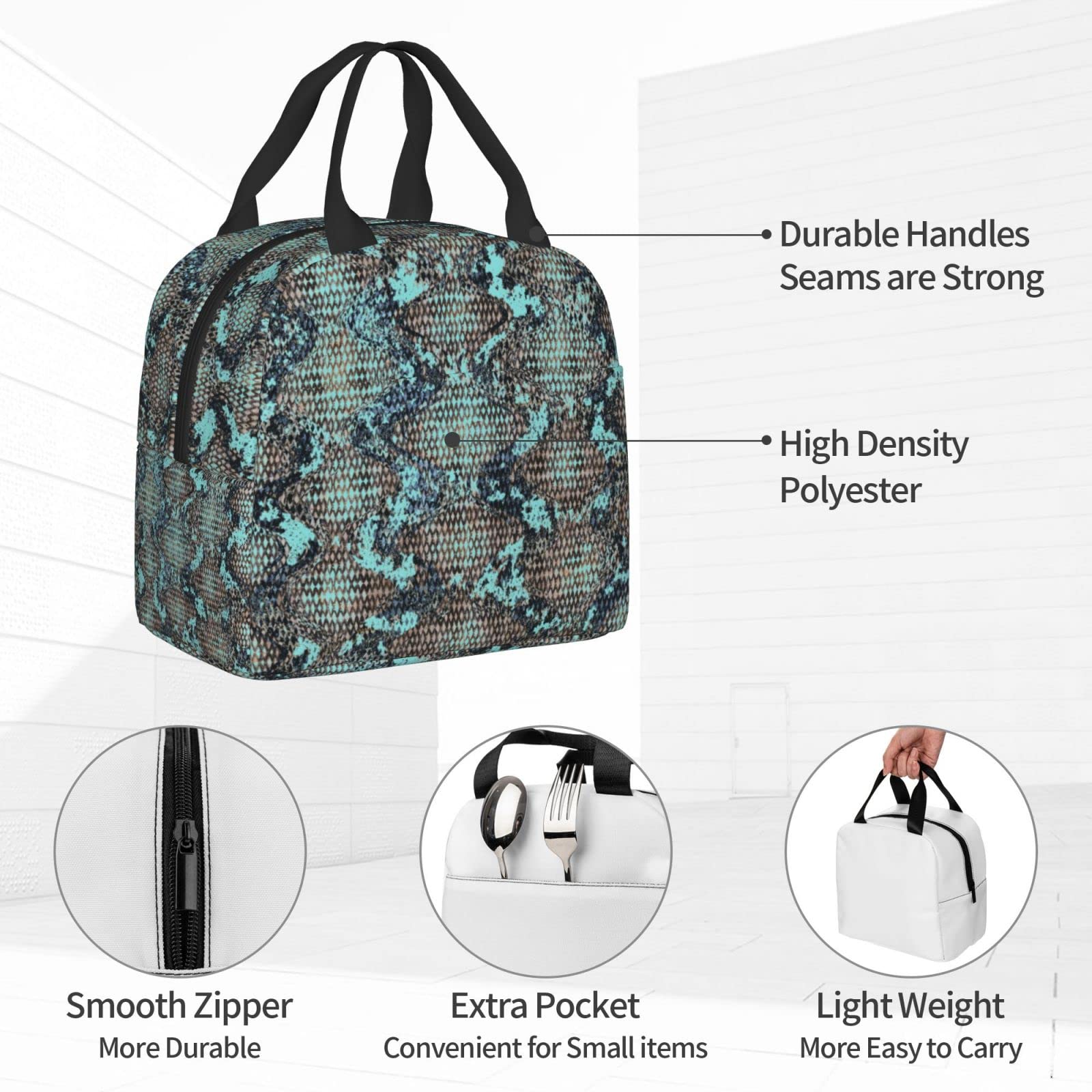 Snakeskin Insulated Lunch Box - Reusable Thermal Lunch Bag for Women & Men, Turquoise Eco-Friendly Tote, Perfect for Office, School, Camping, Hiking, Picnic, Beach & Travel - Keep Meals Fresh On-The-Go