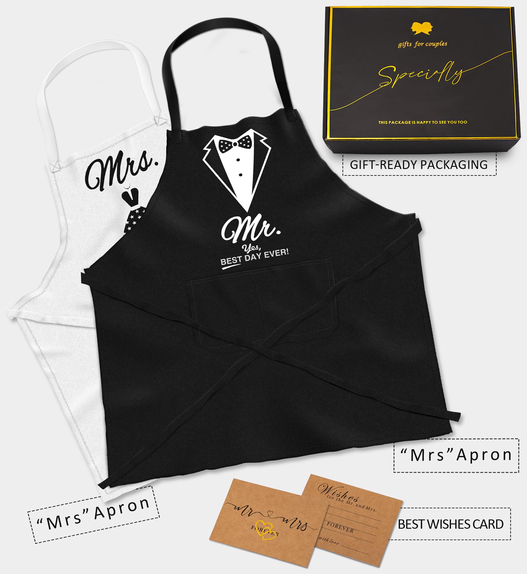 Mr and Mrs Aprons Set - 2 Pack Couples Apron Gift for Wedding, Engagement, Anniversary & Christmas - Perfect Bridal Shower Gift for Newlyweds - Ideal for Cooking Together & Romantic Date Nights