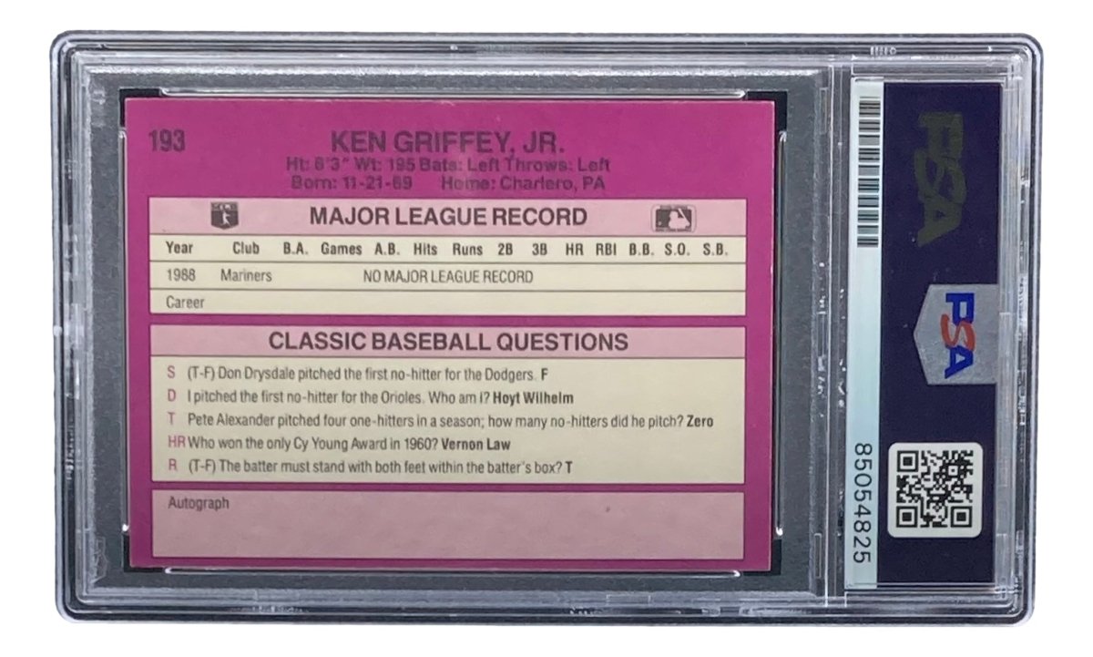 Ken Griffey Jr Signed 1989 Classic Baseball #193 Rookie Card PSA/DNA Gem MT 10 - Authentic Collectible for Baseball Fans & Memorabilia Enthusiasts - Perfect for Display, Investment & Sports Collections