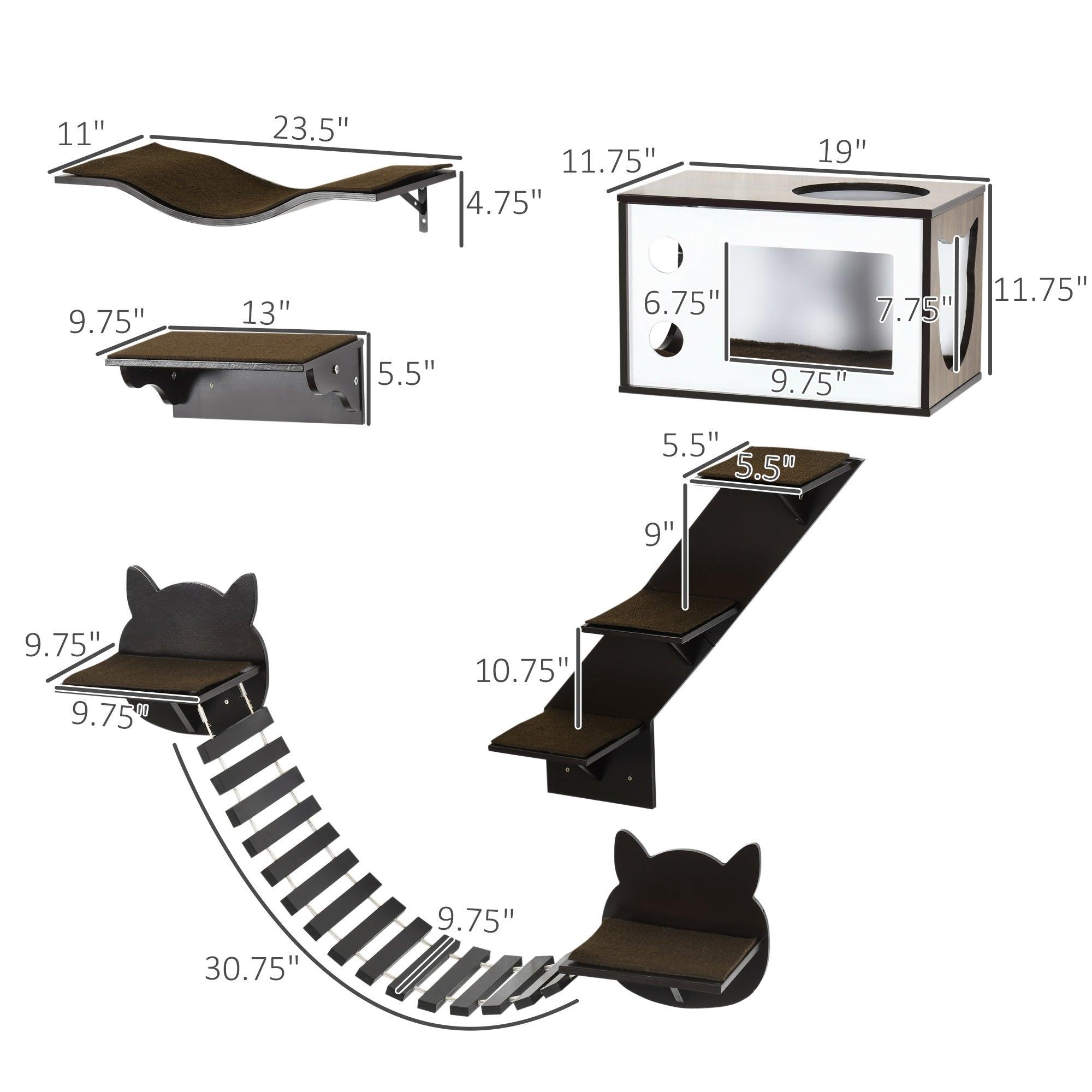 Ergonomic Cat Shelves with Cozy House, Bridge & Stairs - Wall Mounted Cat Climbing Playground for Indoor Cats - Modern Coffee Brown Cat Tree for Play, Rest & Exercise