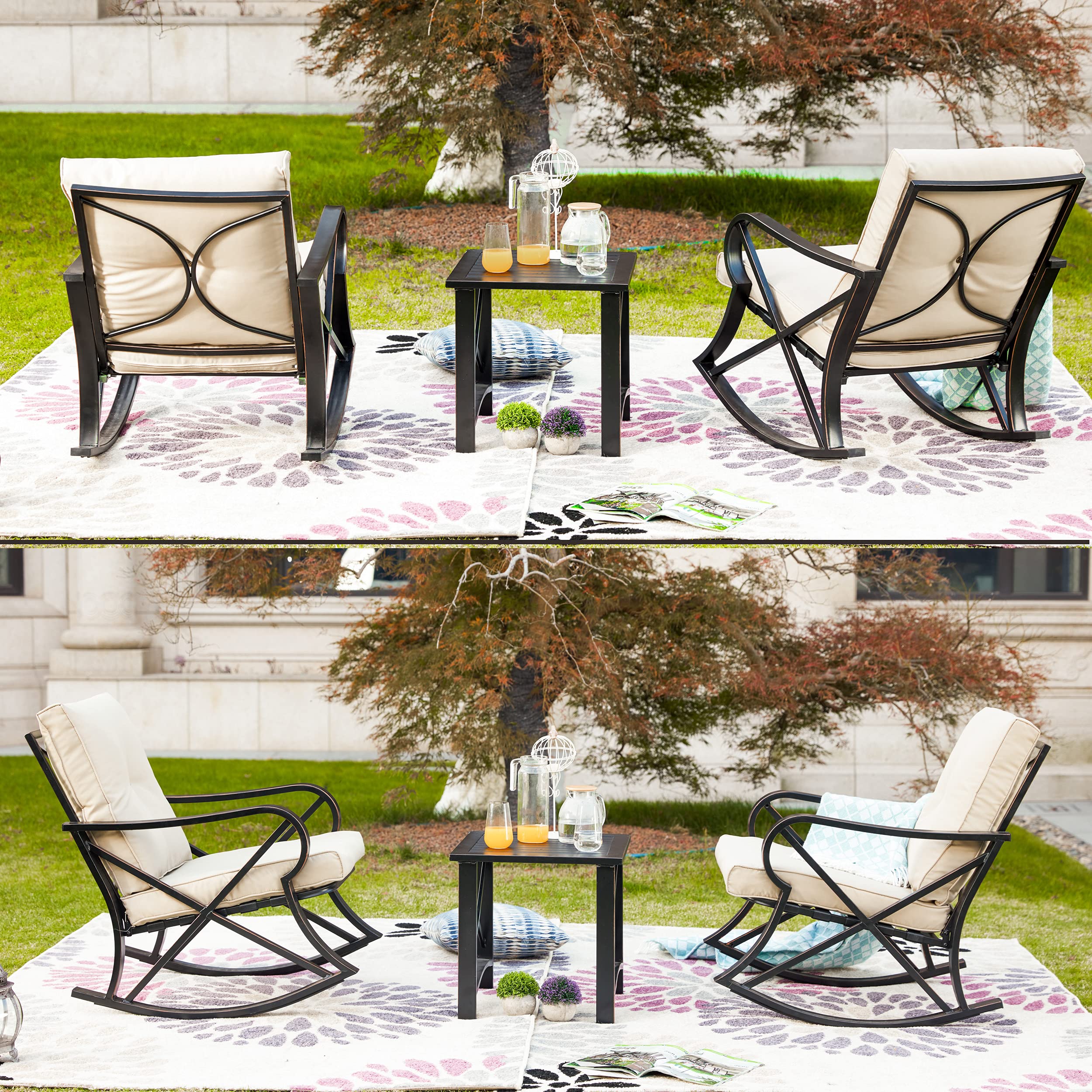 LOKATSE HOME 3-Piece Patio Outdoor Rocking Chair Bistro Set with Coffee Table - Khaki Wicker Furniture for Garden, Porch, Backyard & Poolside Relaxation
