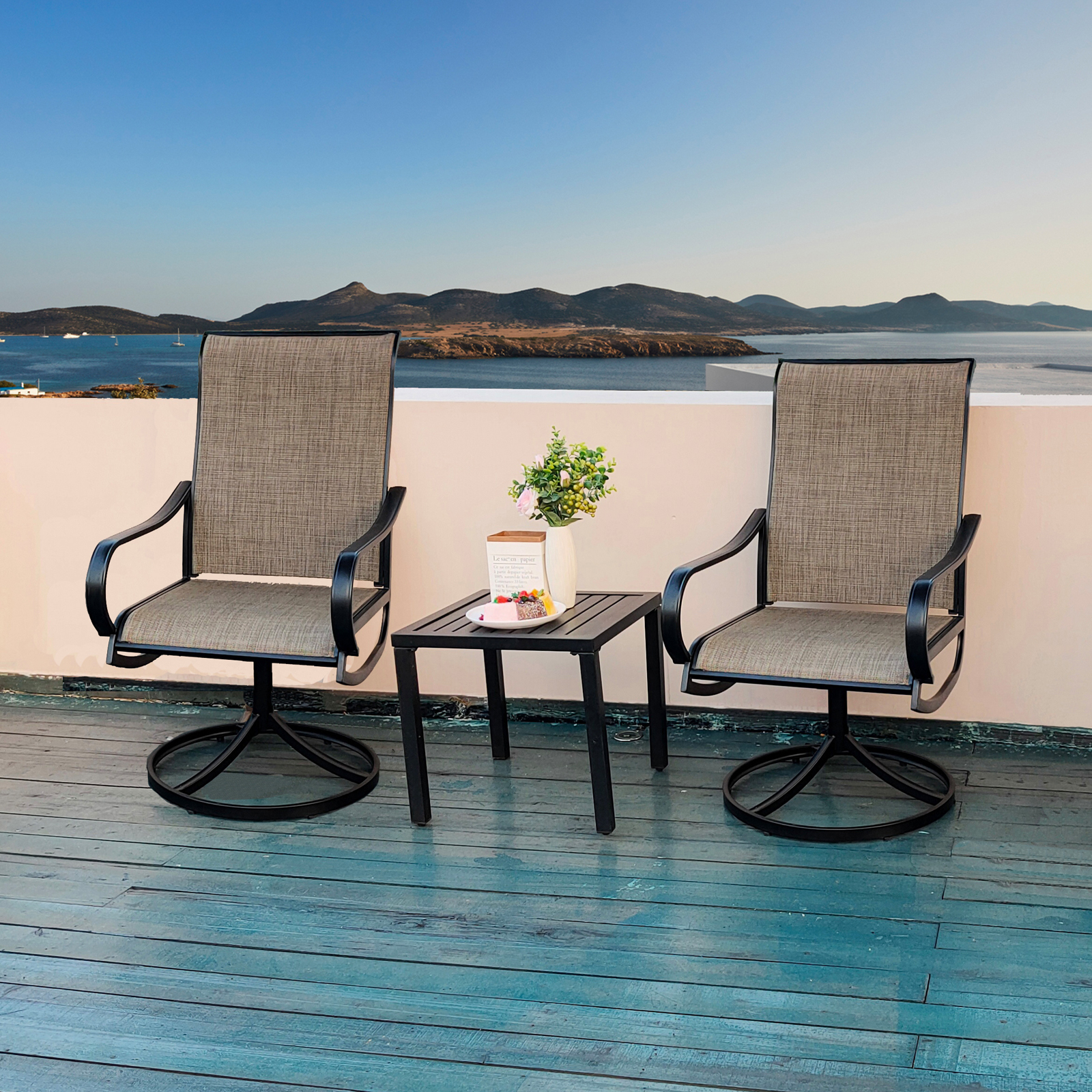 MEOOEM 3-Piece Swivel Patio Bistro Set - 2 Metal Outdoor Swivel Arm Chairs & 1 Side Coffee Table for Garden, Backyard, Porch - Perfect for Relaxing, Entertaining & Outdoor Dining