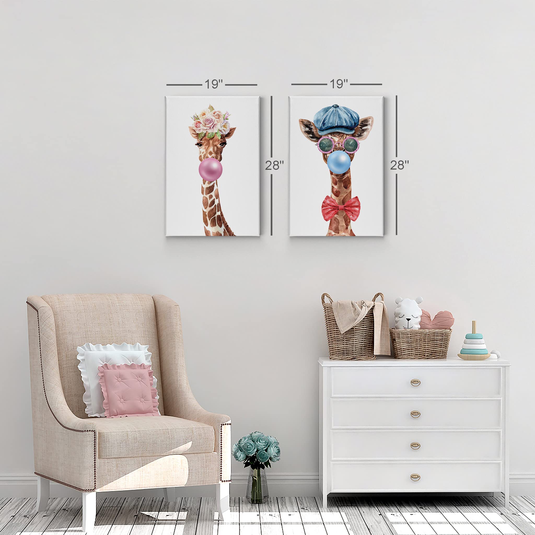 Giraffe Portrait Canvas Print Set - 2 Panel Animal Wall Art with Flower Crown, Hat & Bubble Gum, Perfect for Living Room, Bedroom, Nursery & Kids Room Decor (22x15 Inches)