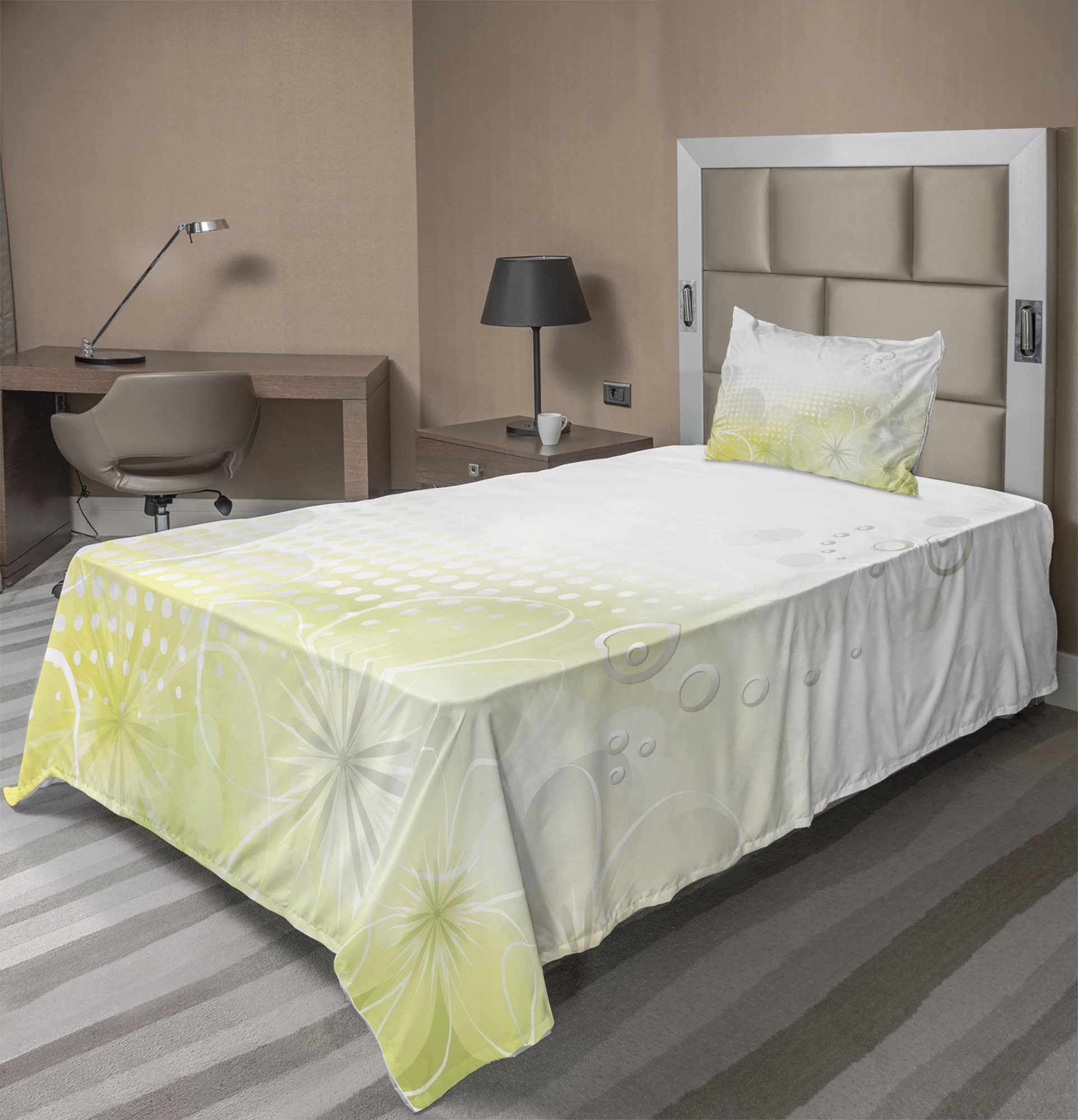 Ambesonne Grey and Yellow 3-Piece Sheet Set - Abstract Grunge Design with Water Bubbles & Flowers - Twin XL Bedding (Fitted Sheet, Flat Sheet & Pillowcase) - Soft Pale Yellow & Grey - Perfect for Guest Rooms, Dorms & Modern Bedrooms