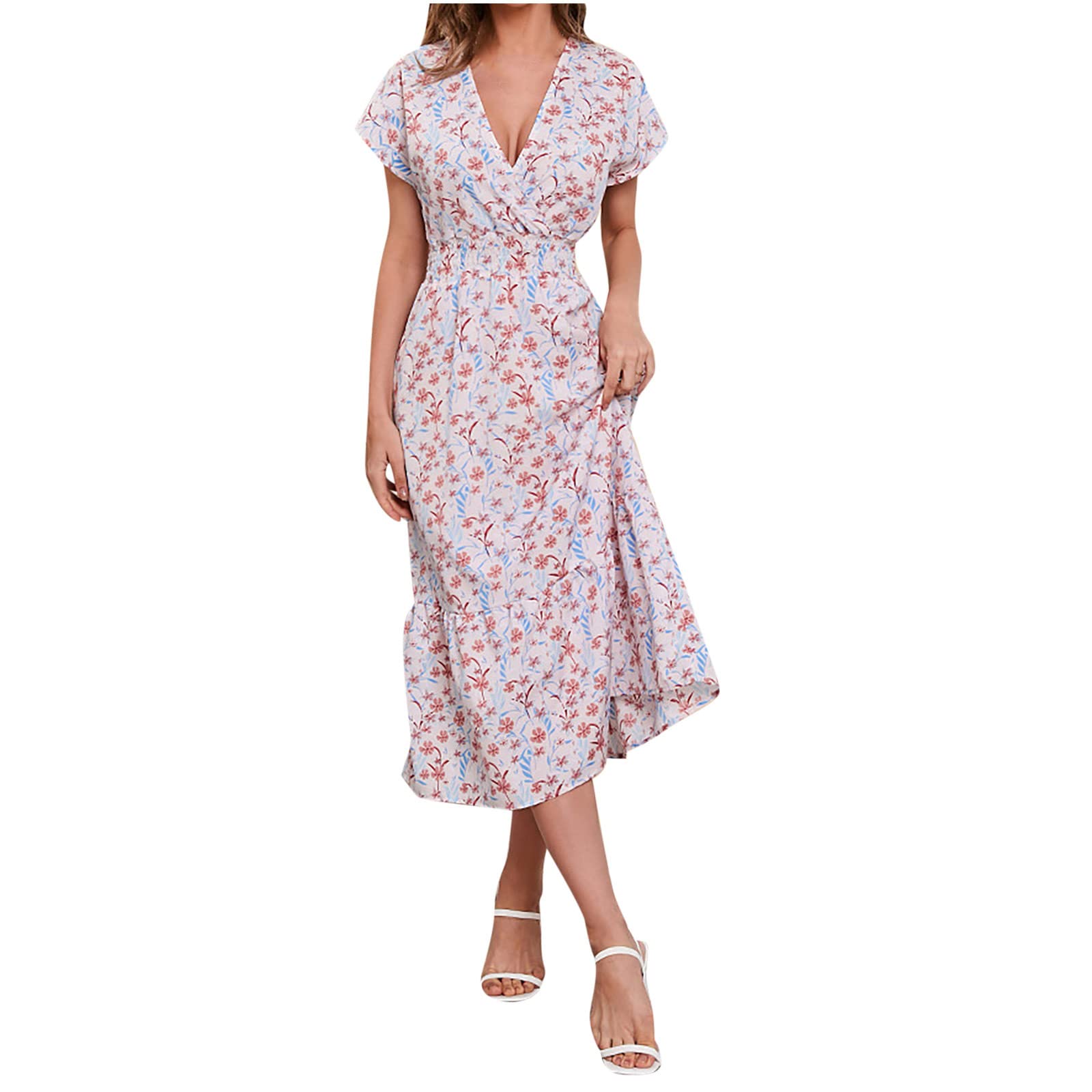 Floral Print Summer Dress for Women - V-Neck Empire Waist Cap Sleeve Flowy Swing Skater Dress | Beach Outfit, Vacation Wear, Casual Day Dress in Pink