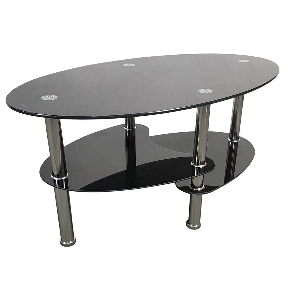 Black Tempered Glass Oval Lift-Top Coffee Table with Chrome Base - Modern Living Room Side Table for Small Spaces, Perfect for Coffee, Books & Decor - Ideal for Apartments, Dorms & Lounge Areas